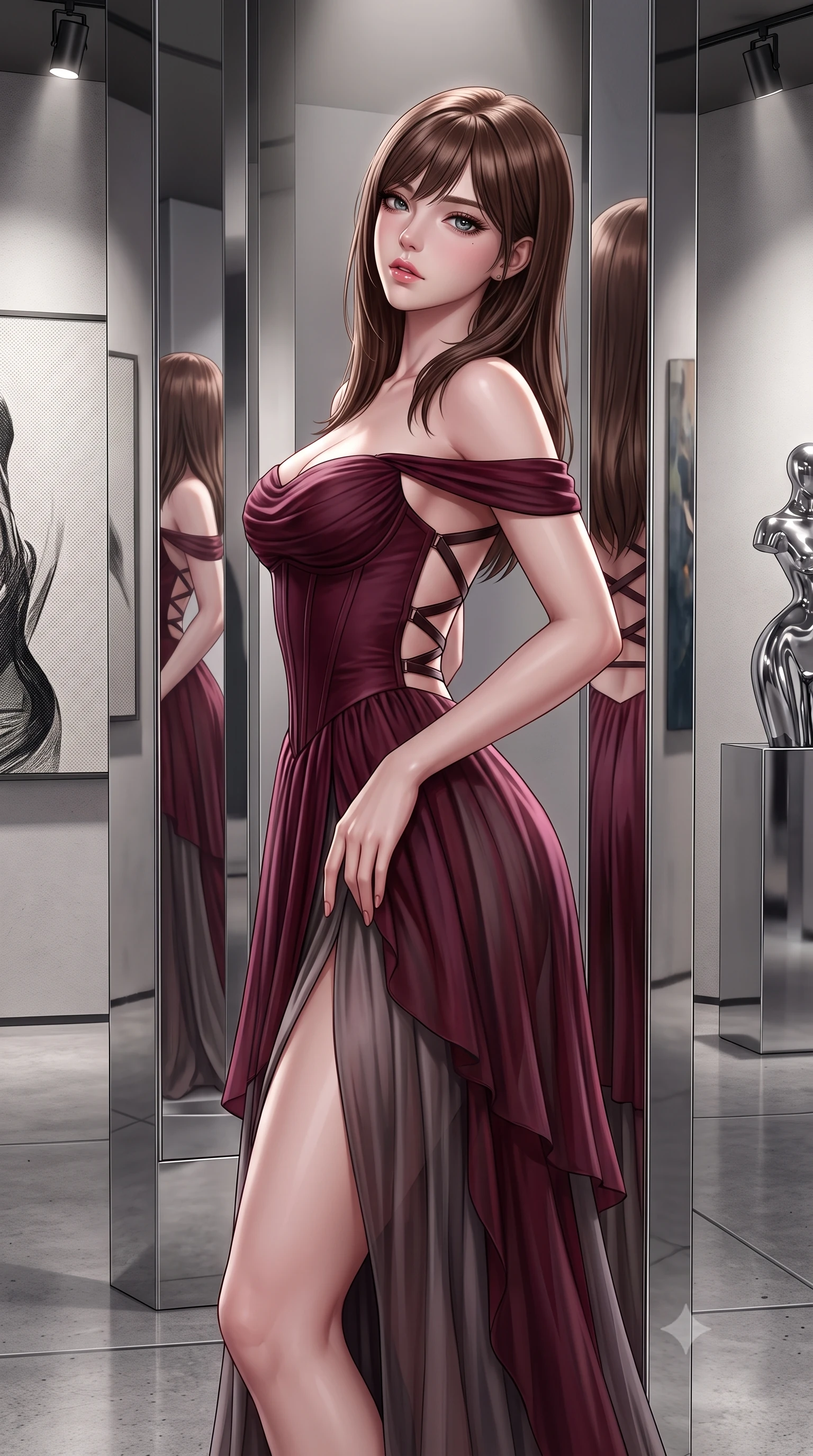 score_9, masterpiece, best quality, ultra-detailed, high-budget anime keyframe, semi-realistic 3D game render, editorial fashion photography, tasteful artistic composition, Korean woman. close-up cowboy shot from the waist and thighs up, the character dominates the composition, filling the frame with her large presence. arching her spine backward with effortless dancer poise, one hand sliding along her hip line as directional light carves specular highlights along her silhouette while standing poised between mirror-finished stainless steel columns, her graceful hourglass silhouette multiplied into infinite reflections. The surrounding environment is rendered in vivid detail and crisp panoramic clarity. sharp canvas texture weave, polished chrome sculpture surfaces, and concrete gallery floor seams in deep focus. She has an exceptionally elegant, slender, and willowy female figure with an ultra-slim waist, flat toned midriff, narrow ribcage, and sculpted feminine hips creating an alluring, slim hourglass silhouette without bulk. sharp v-shaped jawline, high-bridge nose, intricate jewel-like eyes with depth, thick eyelashes, glossy parted lips with a natural sheen, intensely captivating and seductive bedroom-eyes expression, flawlessly proportioned anatomical accuracy, strict slender model proportions, natural body alignment, perfectly sculpted long slender limbs, ultra-slim waistline, clean dynamic posture without body distortion. wearing an off-shoulder French court corset bodice dress paired with a tiered translucent chiffon slit skirt in deep wine burgundy and brushed dark platinum, woven from layered gossamer chiffon with a weightless sweeping drape, featuring an open-back criss-cross harness strap in dark leather, the form-contouring material adhering flawlessly to her sculpted flat midriff and slender torso, emphasizing her long leg lines and perfectly proportioned willowy build. bathed in precise museum directional spotlights from above and soft floor-level ambient fill. highly saturated vibrant anime colors, detailed shading with soft gradients, rich glossy textures, high-contrast stereoscopic depth, volumetric dynamic lighting, master piece, 9:16 ratio