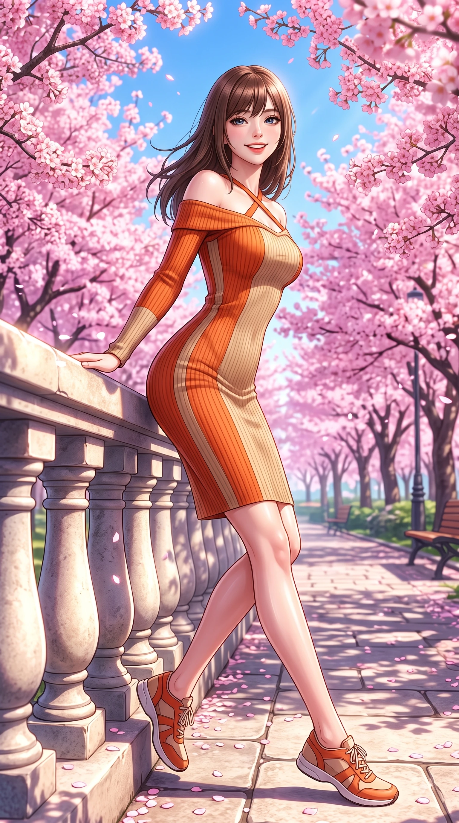 score_9, masterpiece, best quality, ultra-detailed, high-budget anime keyframe, editorial fashion photography, tasteful artistic composition, Korean woman. low angle full-body shot from head to toe showing her feet, filling the entire 9:16 vertical frame with her statuesque presence, stretching her vertical silhouette. performing a cheerful mid-motion turn with flawless poise, her radiant smile capturing fresh girlhood energy while leaning gracefully against a sunlit park railing framed by vibrant pink flower canopies. The surrounding environment is rendered in vivid detail and crisp panoramic clarity. endless pink sakura tree arcades, sunlit stone pathways, and clear blue sky in deep focus. She has an absolutely perfect, statuesque 8.5-heads proportion, an exceptionally tall and slender model-like female figure with impossibly long slender legs and an ultra-slim waist. sharp v-shaped jawline, high-bridge nose, intricate jewel-like eyes with depth, thick eyelashes, glossy lips with a natural sheen, flawlessly proportioned anatomical accuracy, natural body alignment, perfectly sculpted elegant limbs, clean dynamic posture without body distortion. wearing a sleek off-shoulder ribbed knit dress accentuating her graceful collarbones and slender waist in bright burnt orange and warm beige, made of premium stretch jersey that follows her curves like a glove, finished with delicate criss-cross back straps highlighting her bare shoulders, the tailored fabric tightly following every curve of her athletic build. illuminated by soft glowing pink ambient light and clear sky refractions. highly saturated vibrant anime colors, detailed shading with soft gradients, rich glossy textures, high-contrast stereoscopic depth, volumetric dynamic lighting, master piece, 9:16 ratio