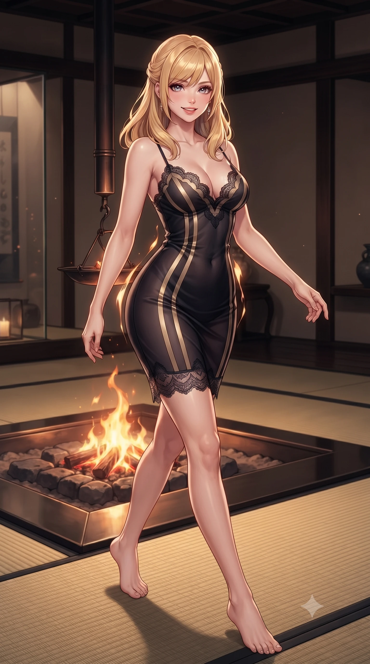 score_9, masterpiece, best quality, ultra-detailed, high-budget anime keyframe, editorial fashion photography, tasteful artistic composition, Caucasian woman. low angle full-body shot from head to toe showing her feet, filling the entire 9:16 vertical frame with her statuesque presence, stretching her vertical silhouette. stepping forward in a confident stride, her long slender legs and curvaceous hips creating a dynamic, sweeping vertical line while twisting her slender torso in an alluring contrapposto stance beside the sunken hearth fire pit, amber flame ribbons tracing her flat midriff and hips. The surrounding environment is rendered in vivid detail and crisp panoramic clarity: sharp structural glass corner bevels, natural igusa rush tatami weave texture, and volcanic basalt hearth stones in deep focus. She has an exceptionally tall and slender model-like 8.5-heads proportion, an ultra-slim waist, a flat toned midriff, narrow delicate ribcage, and beautifully sculpted feminine hips creating a graceful, slim hourglass silhouette without any bulky heaviness, with impossibly long slender legs. sharp v-shaped jawline, high-bridge nose, intricate jewel-like sparkling eyes with depth, thick eyelashes, glossy parted lips with a natural peach sheen, bright cheerful beaming smile with an enchanting and coquettish sensual glint, exuding both youthful cute charm and seductive allure, flawlessly proportioned anatomical accuracy, strict slender model proportions, natural body alignment, perfectly sculpted long slender limbs, ultra-slim waistline, clean dynamic posture without body distortion. wearing a plunge-front sheer illusion tulle slip dress with liquid gold ribbon stripes hugging her curves in deep midnight obsidian black and champagne gold, crafted from fluid liquid silk satin that clings smoothly to her narrow waist and rounded hips with a dewy sheen, finished with scalloped eyelash lace trim framing her sweetheart neckline with intimate elegance, the glove-like clinging cut tightly following the natural contour of her hips and long slender legs with youthful 8.5-heads elegance. illuminated by tatami floor bounce and sharp rose-gold rim lights sculpting her jawline, narrow waist, and curvy hips. ultra-reflective glossy finish, specular highlights, rich textural contrasts, high-contrast stereoscopic depth, volumetric dynamic lighting, 2k, ultra detail, master piece, 9:16 ratio