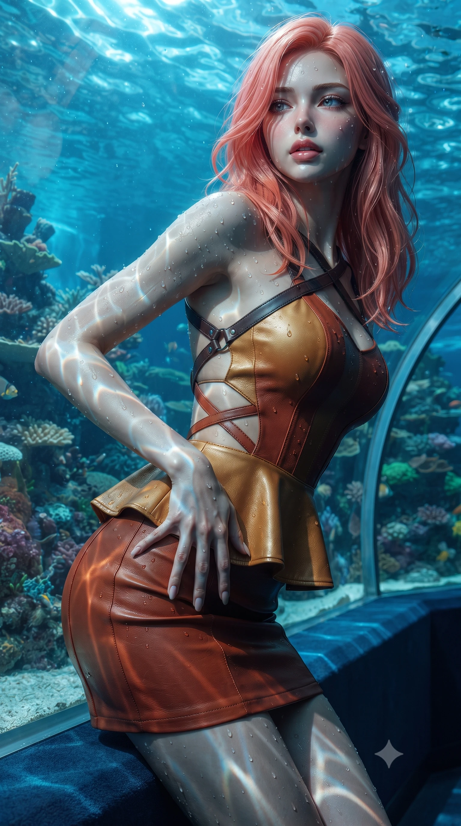 score_9, masterpiece, best quality, ultra-detailed, high-budget anime keyframe, editorial fashion photography, tasteful artistic composition, Japanese woman. close-up cowboy shot from the waist and thighs up, the character dominates the composition, filling the frame with her large presence. resting one manicured hand delicately on her hip bone, her upper body turning in a fluid, seductive S-curve while parted lips glisten in the light while leaning back against the curved acrylic aquarium wall with hips cocked, casting a dreamy, seductive bedroom-gaze through aquatic blue caustics. The surrounding environment is rendered in vivid detail and crisp panoramic clarity. detailed dress fabric texture, water droplet beads on skin, and underwater reef architecture in high clarity. She has an exceptionally elegant, slender, and willowy female figure with an ultra-slim waist, flat toned midriff, narrow ribcage, and sculpted feminine hips creating an alluring, slim hourglass silhouette without bulk. sharp v-shaped jawline, high-bridge nose, intricate jewel-like eyes with depth, thick eyelashes, glossy parted lips with a natural sheen, intensely captivating and seductive bedroom-eyes expression, flawlessly proportioned anatomical accuracy, strict slender model proportions, natural body alignment, perfectly sculpted long slender limbs, ultra-slim waistline, clean dynamic posture without body distortion. wearing a modern peplum corset dress with side-waist diamond cutouts and an ultra-tight silhouette in molten desert gold and burnt terracotta, formed from supple second-skin lambskin leather with specular sheen, featuring an open-back criss-cross harness strap in dark leather, the second-skin form-contouring cut accentuating her sculpted flat midriff, narrow delicate ribcage, and gracefully curvy hips with supermodel precision. illuminated by shimmering pool water caustics accentuating her bare collarbones, slender waist, and curvy hips. ultra-reflective glossy finish, specular highlights, rich textural contrasts, high-contrast stereoscopic depth, volumetric dynamic lighting, 2k, ultra detail, master piece, 9:16 ratio
