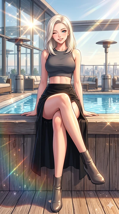 score_9, masterpiece, best quality, ultra-detailed, high-budget anime keyframe, vibrant anime aesthetic, Caucasian woman, strictly human ears. low angle full-body shot from head to toe showing her feet, filling the entire 9:16 vertical frame with her