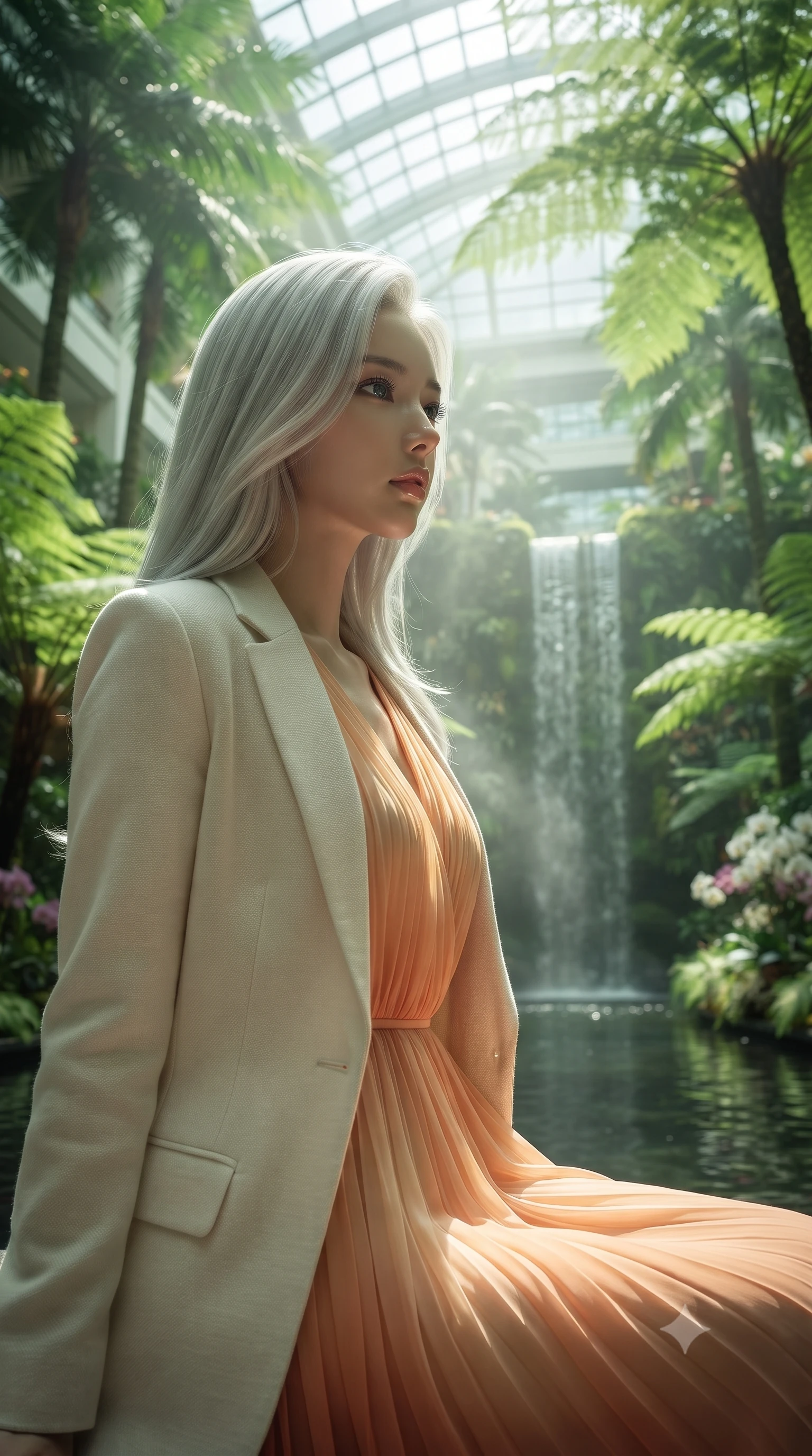 score_9, masterpiece, best quality, ultra-detailed, high-budget anime keyframe, editorial fashion photography, tasteful artistic composition, Korean woman. close-up cowboy shot from the waist and thighs up, the character dominates the composition, filling the frame with her large presence, background elements kept in soft focus. Turning her face in sharp dramatic profile against the light. set against a soft-focus background of a luxury hotel's soaring six-story glass atrium filled with towering tropical palms massive ferns rare orchid collections and a grand waterfall cascading down a living moss wall into a reflection pool. She has an exceptionally elegant and slender, willowy female figure with an ultra-slim waist, a gracefully sculpted slender torso, and a refined slim physique. sharp v-shaped jawline, high-bridge nose, intricate jewel-like eyes with depth, thick eyelashes, glossy lips with a natural sheen. wearing a flowing pleated chiffon midi dress in a sunset apricot gradient, layered under a light ivory knit blazer. abundant natural light flooding through the glass atrium roof filtered through tropical canopy creating green-tinted dappled illumination with mist from the waterfall softening everything. 2k, ultra detail, master piece, 9:16 ratio