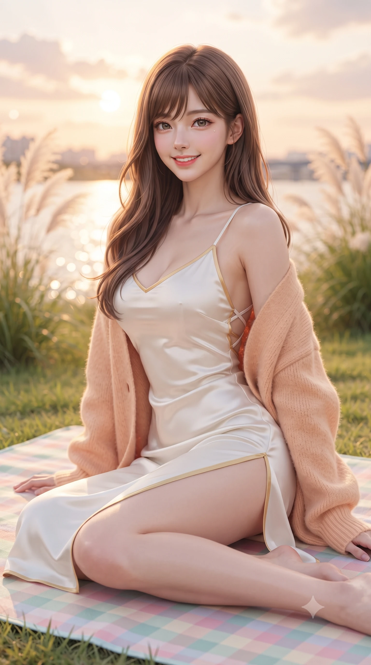 score_9, masterpiece, best quality, ultra-detailed, high-budget anime keyframe, editorial fashion photography, tasteful artistic composition, Korean woman. close-up cowboy shot from the waist and thighs up, the character dominates the composition, filling the frame with her large presence. tilting her head with a cute beaming smile while arching her spine with effortless dancer poise, one hand sliding along her hip line in a flirtatious S-curve while sitting gracefully on a pastel checkered picnic mat on the green riverside lawn, arching her lower back with a playful, beaming smile. The composition keeps background elements in soft focus with dreamy creamy bokeh. swaying pampas grass, sparkling Han River water ripples, and glowing sunset clouds blurred into peach, apricot, and champagne bokeh. She has an exceptionally elegant, slender, and willowy female figure with an ultra-slim waist, flat toned midriff, narrow ribcage, and sculpted feminine hips creating an alluring, slim hourglass silhouette without bulk. sharp v-shaped jawline, high-bridge nose, intricate jewel-like sparkling eyes with depth, thick eyelashes, glossy parted lips with a natural peach sheen, bright cheerful beaming smile with an enchanting and coquettish sensual glint, exuding both youthful cute charm and seductive allure, flawlessly proportioned anatomical accuracy, strict slender model proportions, natural body alignment, perfectly sculpted long slender limbs, ultra-slim waistline, clean dynamic posture without body distortion. wearing a breezy silk-satin slip dress featuring a thigh-high side slit ascending to the high hip and criss-cross back straps in pure alabaster white and sun-kissed gold, crafted from soft cozy cashmere yarn with an airy drape, complemented by an oversized soft knit cardigan slipping off one bare shoulder, the precision-cut side openings and low-back scoop framing her graceful spine and the sensual sweep of her slim, toned hips. illuminated by warm grass bounce light contouring her sculpted collarbones, ultra-slim waist, and curvy hips. ultra-reflective glossy finish, specular highlights, rich textural contrasts, high-contrast stereoscopic depth, volumetric dynamic lighting, 2k, ultra detail, master piece, 9:16 ratio