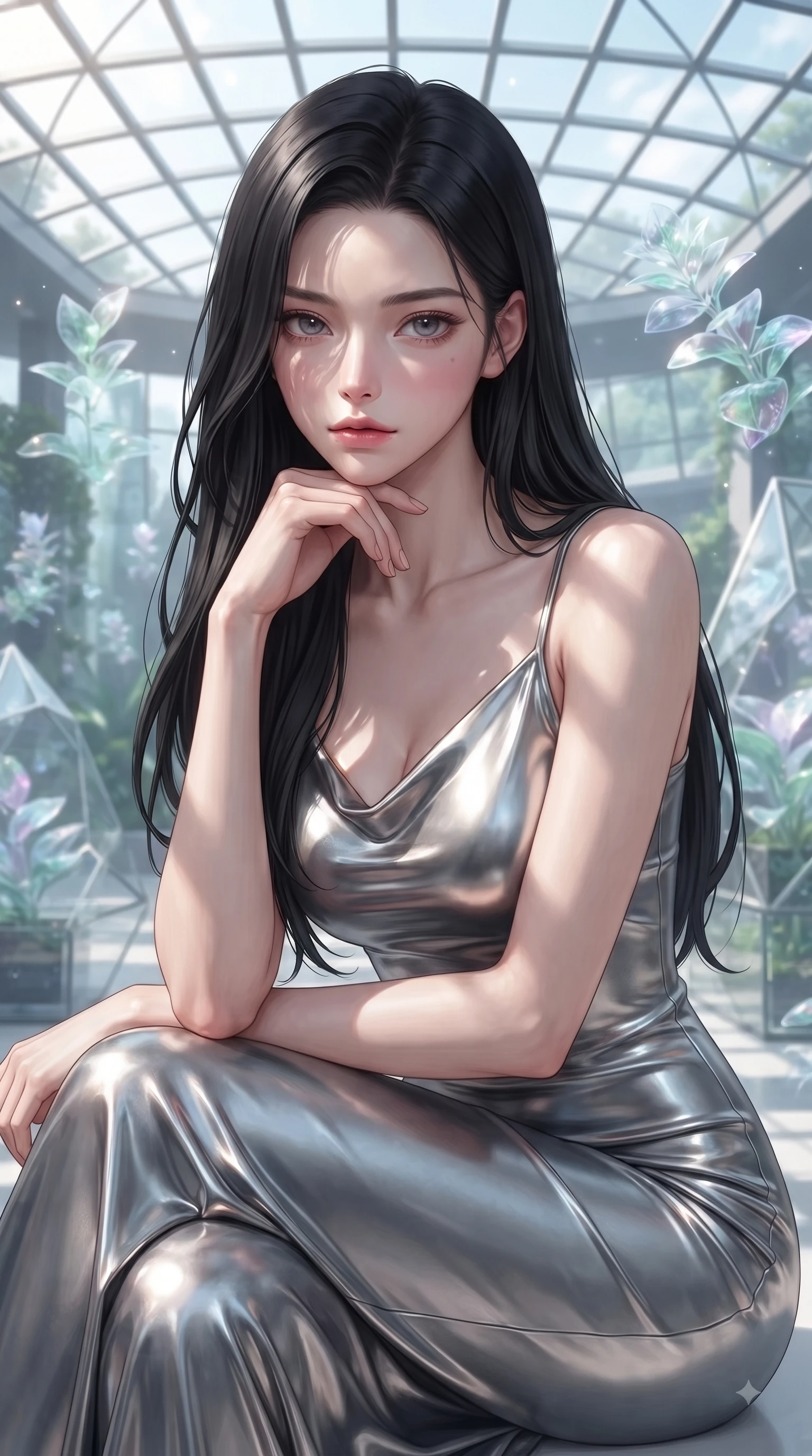 score_9, masterpiece, best quality, ultra-detailed, high-budget anime keyframe, editorial fashion photography, tasteful artistic composition, Korean woman woman. close-up cowboy shot from the waist and thighs up, the character dominates the composition, filling the frame with her large presence, background elements kept in soft focus. She has an exceptionally elegant, slender, and willowy female figure with an ultra-slim waist, a gracefully sculpted slender torso, and a refined silhouette. resting her chin on the back of her fingers in a thoughtful and effortless pose, flawlessly proportioned anatomical accuracy, natural body alignment, perfectly sculpted elegant limbs, clean dynamic posture without body distortion. set against a soft-focus background of a futuristic botanical pavilion with floating hologram plants. wearing a sleek bodycon liquid silver jersey dress hugging every curve with a subtle cowl neckline. bathed in dappled morning sunlight filtering through glass roof grid structures. ultra-reflective glossy finish, specular highlights, metallic sheen, high-contrast stereoscopic depth, volumetric dynamic lighting, 2k, ultra detail, master piece, 9:16 ratio