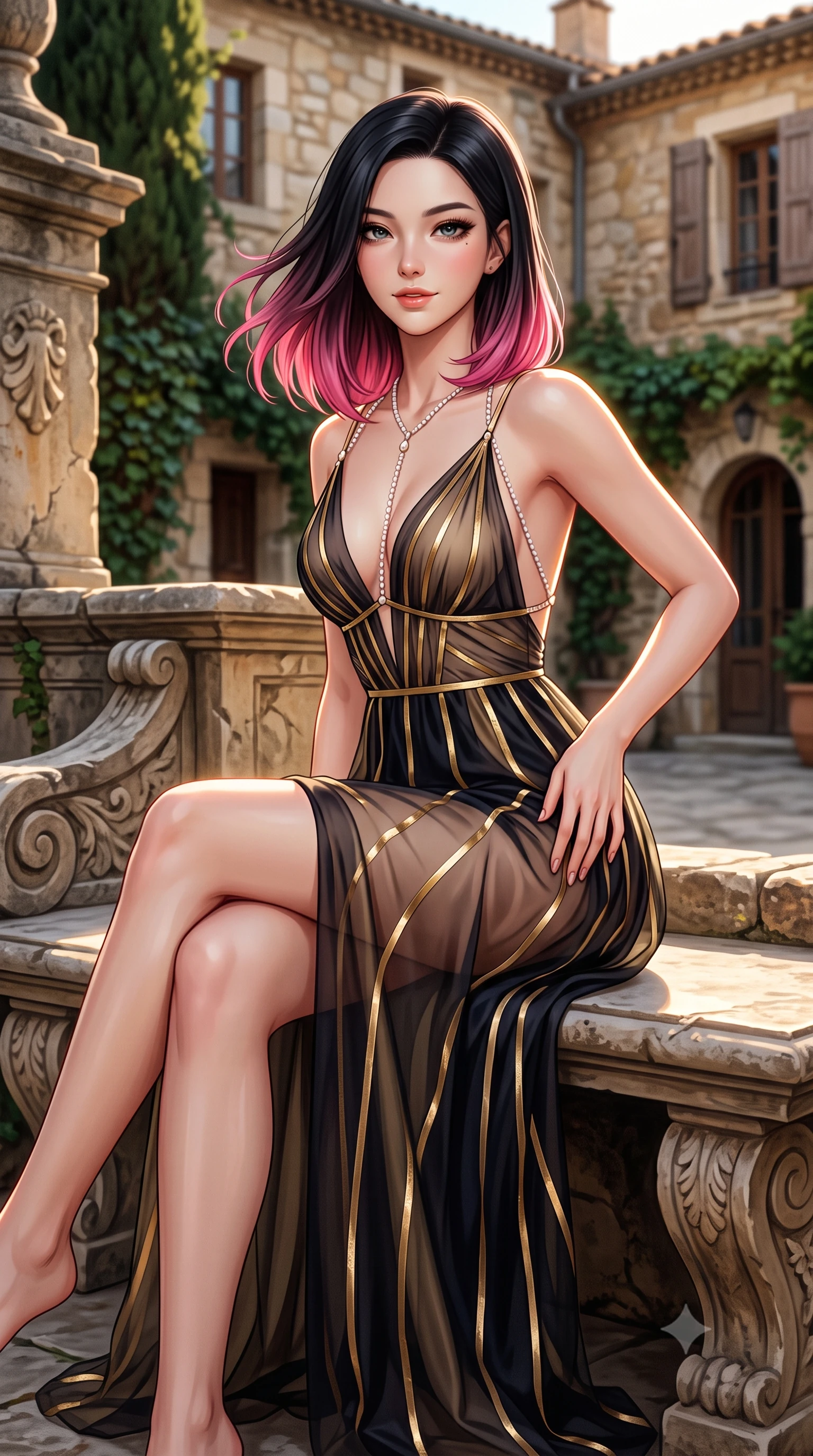 score_9, masterpiece, best quality, ultra-detailed, high-budget anime keyframe, semi-realistic 3D game render, editorial fashion photography, tasteful artistic composition, Korean woman. close-up cowboy shot from the waist and thighs up, the character dominates the composition, filling the frame with her large presence. turning slowly with an enchanting smoldering smile, her glossy hair tossing in the breeze as her hips angle gracefully in a captivating contrapposto while sitting gracefully on the carved stone bench with legs crossed, running one manicured hand slowly down her hip with magnetic charm. The surrounding environment is rendered in vivid detail and crisp panoramic clarity: detailed garment drape, silhouette contours, and historic Provençal stonecraft in razor-sharp precision. She has an exceptionally elegant, slender, and willowy female figure with an ultra-slim waist, flat toned midriff, narrow ribcage, and sculpted feminine hips creating an alluring, slim hourglass silhouette without bulk. sharp v-shaped jawline, high-bridge nose, intricate jewel-like sparkling eyes with depth, thick eyelashes, glossy parted lips with a natural peach sheen, bright cheerful beaming smile with an enchanting and coquettish sensual glint, exuding both youthful cute charm and seductive allure, flawlessly proportioned anatomical accuracy, strict slender model proportions, natural body alignment, perfectly sculpted long slender limbs, ultra-slim waistline, clean dynamic posture without body distortion. wearing a plunge-front sheer illusion tulle slip dress with liquid gold ribbon stripes hugging her curves in deep midnight obsidian black and champagne gold, crafted from fluid liquid silk satin that clings smoothly to her narrow waist and rounded hips with a dewy sheen, accented with a pearl-drop body harness subtly framing her dewy collarbones and spine, the liquid-tight tailored fabric clinging flawlessly to her narrow waist and rounded feminine hips, emphasizing every millimeter of her sculpted slim hourglass curves without any bulky heaviness. illuminated by stone ground reflection fill and sharp flame-gold rim lights defining her razor-sharp jawline, narrow waist, and curvy hips. highly saturated vibrant anime colors, detailed shading with soft gradients, rich glossy textures, high-contrast stereoscopic depth, volumetric dynamic lighting, master piece, 9:16 ratio