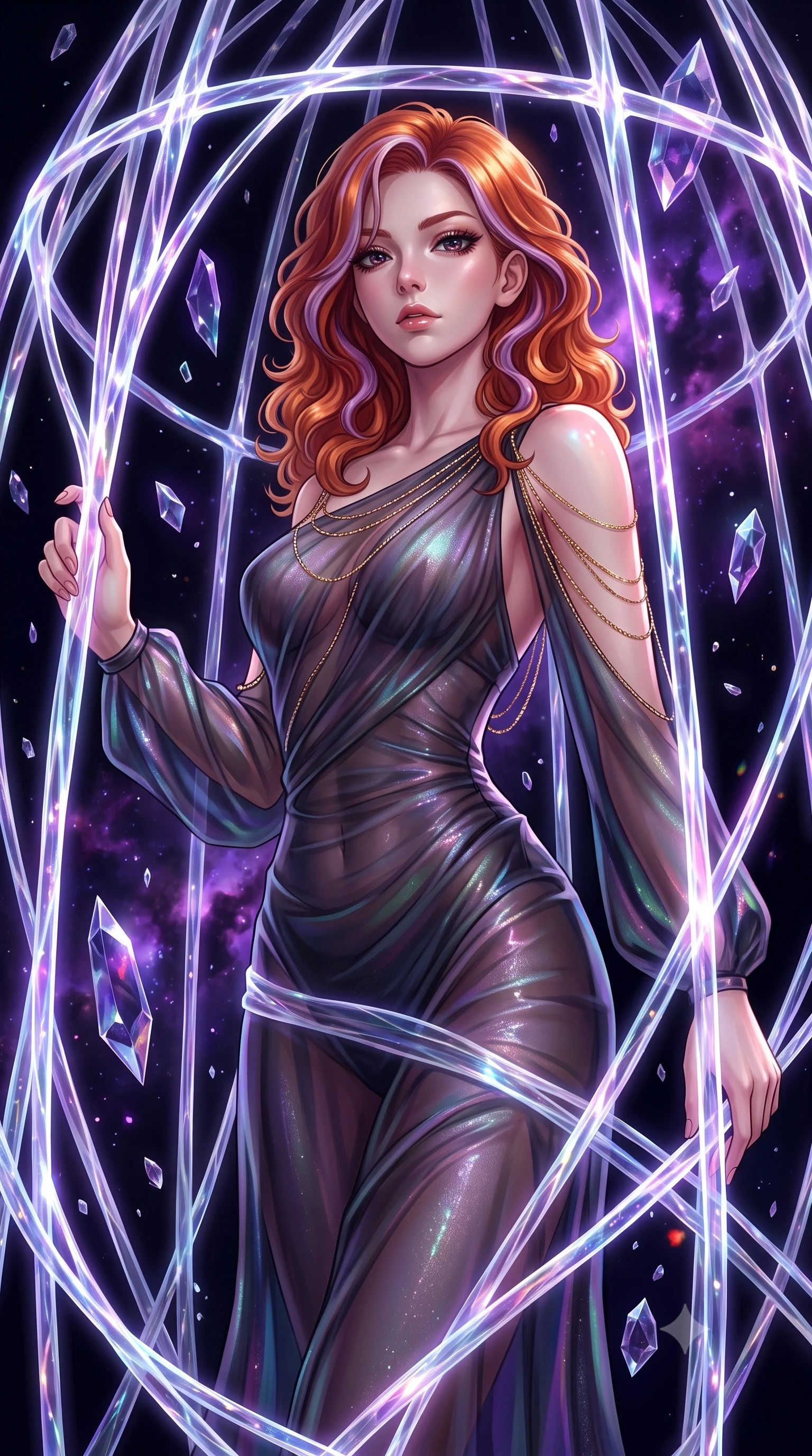 score_9, masterpiece, best quality, ultra-detailed, High-budget Anime Keyframe, Caucasian woman, strictly human ears. Low angle cowboy shot filling the entire 9:16 frame with her statuesque presence. Scenario 377: trapped in a cage of glowing crystalline fibers, her body pressing against the bars, in a dark void filled with floating crystal shards reflecting purple nebulae. Her presence is magnetic and overpowering in this high-budget anime scene. Outfit 377: a form-contouring shimmering chiffon sheer with a low-cut shoulder and fine gold chains. The clothing is designed to emphasize her exceptionally tall and slender 8-heads proportion. 8-heads proportion, towering silhouette, ultra-slim waist. sharp v-shaped jawline, intricate jewel-like eyes with depth, thick eyelashes, glossy lips. 2k, ultra detail, master piece, 9:16 ratio