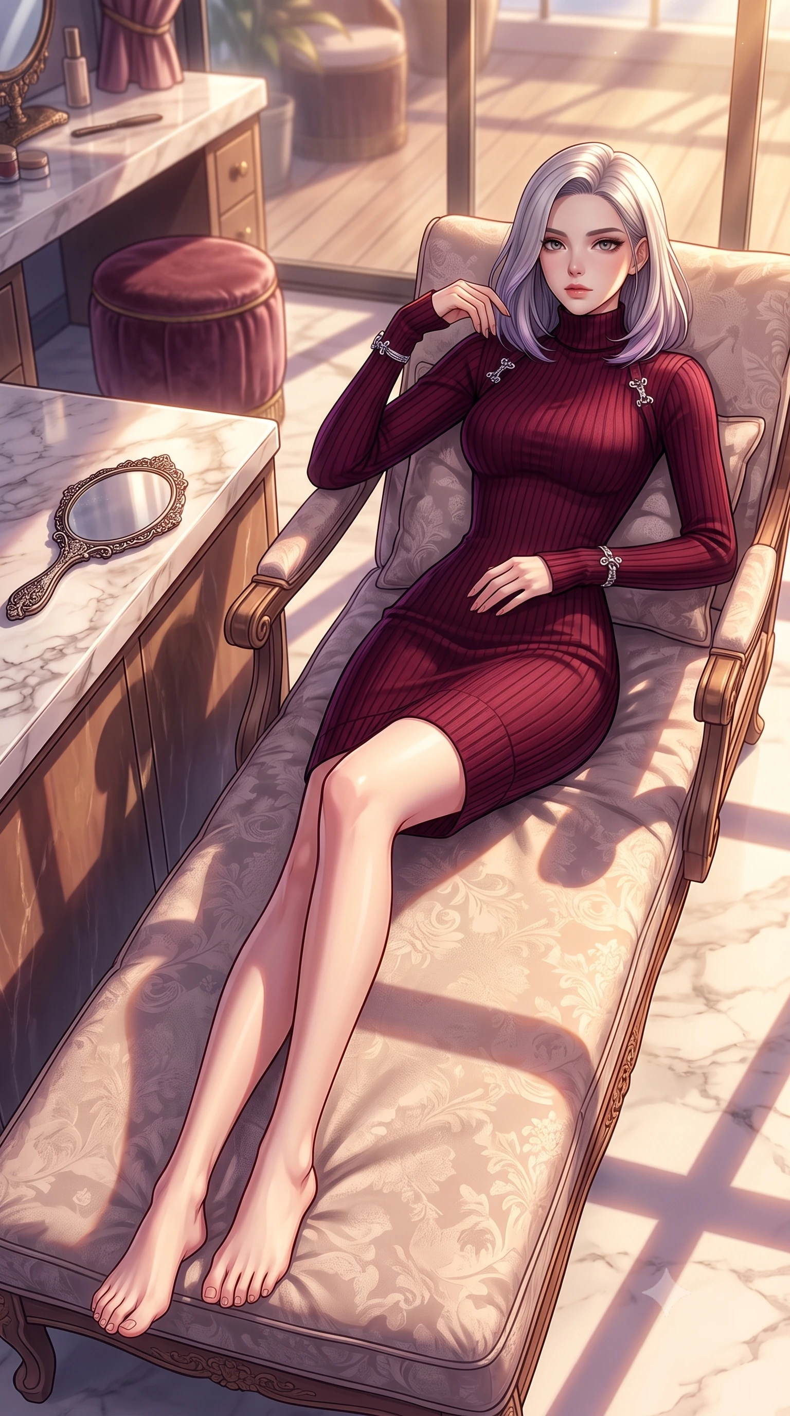 score_9, masterpiece, best quality, ultra-detailed, high-budget anime keyframe, editorial fashion photography, tasteful artistic composition, Caucasian woman. low angle full-body shot from head to toe showing her feet, filling the entire 9:16 vertical frame with her statuesque presence, stretching her vertical silhouette. relaxing on a sunbed with relaxed elegance, her slender figure stretching out gracefully under the warm glow set against a soft-focus background of inside an exclusive rooftop terrace with a velvet-wrapped stool and an antique hand mirror resting on a marble counter. She has an absolutely perfect, statuesque 8.5-heads proportion, an exceptionally tall and slender model-like female figure with impossibly long slender legs and an ultra-slim waist. sharp v-shaped jawline, high-bridge nose, intricate jewel-like eyes with depth, thick eyelashes, glossy lips with a natural sheen. wearing body-hugging deep burgundy soft linen form-fitting ribbed knit turtleneck dress outlining her slender silhouette accented with delicate silver hardware. bathed in warm golden hour sunbeams that cast long, romantic shadows across the floor. highly saturated vibrant anime colors, detailed shading with soft gradients, rich glossy textures, high-contrast stereoscopic depth, volumetric dynamic lighting, master piece, 9:16 ratio