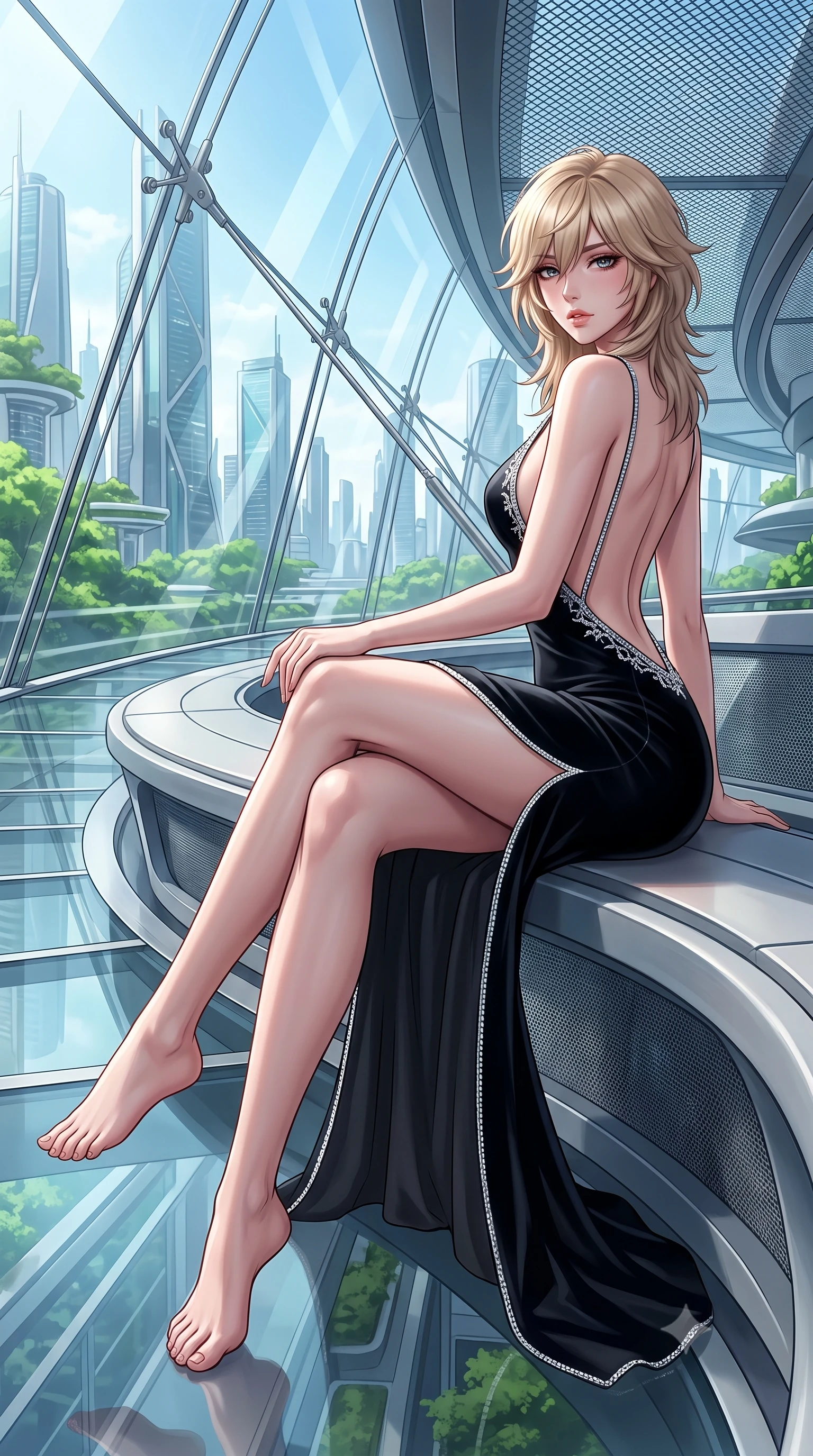 score_9, masterpiece, best quality, ultra-detailed, high-budget anime keyframe, semi-realistic 3D game render, editorial fashion photography, tasteful artistic composition, Japanese woman. low angle full-body shot from head to toe showing her feet, filling the entire 9:16 vertical frame with her statuesque presence, stretching her vertical silhouette. sitting perched on the elevated edge with hips angled toward the camera and legs crossed, displaying her toned midriff and flawlessly sculpted slender limbs while perching on the curved architectural skyway bench, long slender legs crossed and torso angled back to display her flat midriff and slender hourglass curves. The surrounding environment is rendered in vivid detail and crisp panoramic clarity. sharp skyway glass panel joints, stainless steel suspension cables, and futuristic architectural mesh in deep focus. She has an exceptionally tall and slender model-like 8.5-heads proportion, an ultra-slim waist, a flat toned midriff, narrow delicate ribcage, and beautifully sculpted feminine hips creating a graceful, slim hourglass silhouette without any bulky heaviness, with impossibly long slender legs. sharp v-shaped jawline, high-bridge nose, intricate jewel-like eyes with depth, thick eyelashes, glossy parted lips with a natural sheen, intensely captivating and seductive bedroom-eyes expression, flawlessly proportioned anatomical accuracy, strict slender model proportions, natural body alignment, perfectly sculpted long slender limbs, ultra-slim waistline, clean dynamic posture without body distortion. wearing a liquid-silk jersey evening gown with an ultra-deep plunging open back descending to the base of her spine and a sculpted hip-hugging skirt in pitch-black velvet with diamond crystal trim, tailored from smooth liquid silk satin adhering seamlessly to her skin, finished with delicate crystal frost embroidery tracing the plunging neckline, the dramatically scooped open back descending to the base of her spine, accentuating her razor-sharp statuesque lines and slim hourglass silhouette. surrounded by a visionary, electrifying, and breathlessly magnificent eco-metropolis queen aura. highly saturated vibrant anime colors, detailed shading with soft gradients, rich glossy textures, high-contrast stereoscopic depth, volumetric dynamic lighting, master piece, 9:16 ratio
