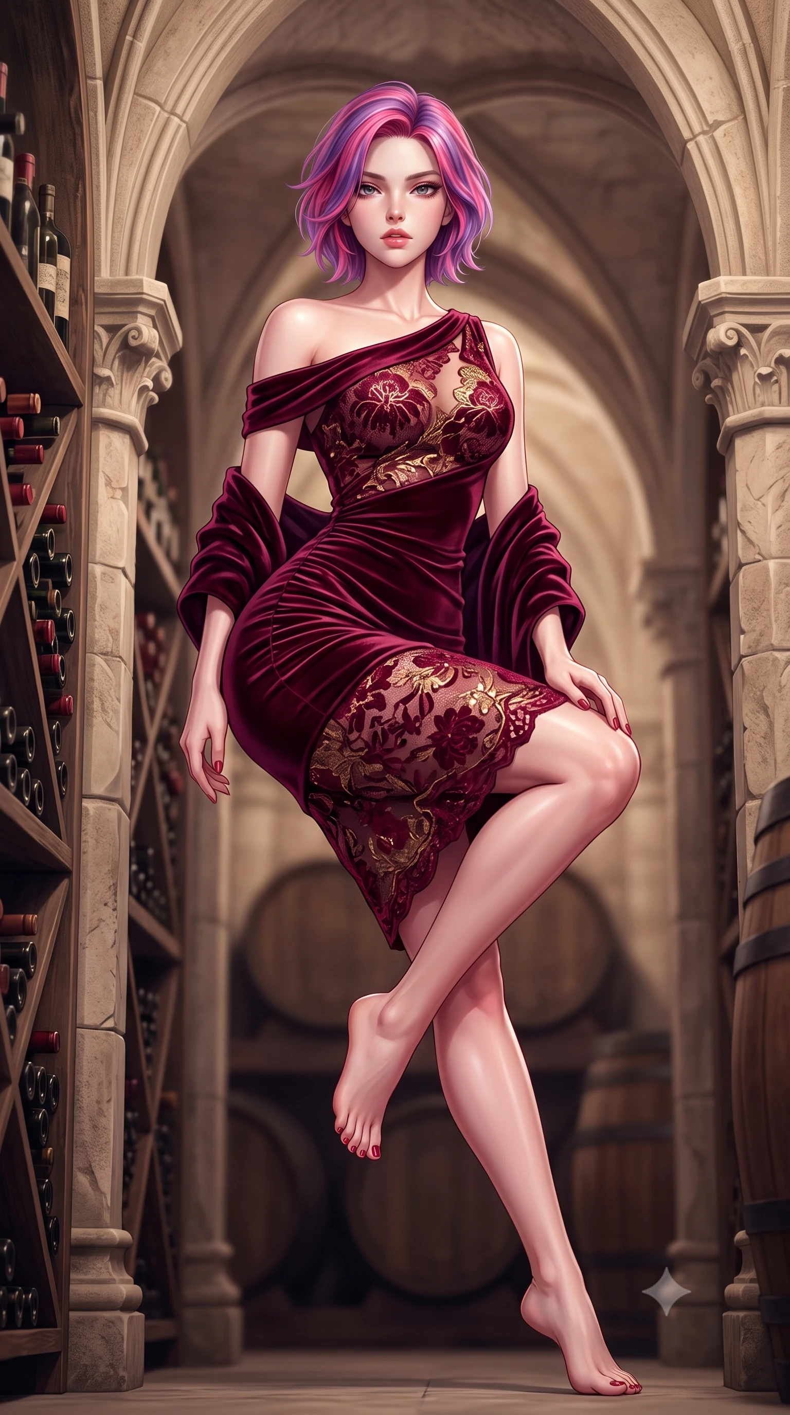 score_9, masterpiece, best quality, ultra-detailed, high-budget anime keyframe, semi-realistic 3D game render, editorial fashion photography, tasteful artistic composition, Caucasian woman. low angle full-body shot from head to toe showing her feet, filling the entire 9:16 vertical frame with her statuesque presence, stretching her vertical silhouette. reclining on her side in an elegant Cleopatra pose with one knee drawn up, the dramatic contour of her rounded hips and long slender legs commanding the 9:16 vertical frame while standing poised between towering limestone arches and dusty vintage wine racks, twisting her torso in a deep contrapposto stance to display her feminine hourglass curves. The composition keeps background elements in soft focus with creamy bokeh. towering carved limestone vaults and heavy oak cask silhouettes softened in atmospheric shallow focus. She has an absolutely perfect, statuesque 8.5-heads proportion, an exceptionally tall and slender model-like female figure with impossibly long slender legs, a toned flat midriff, an ultra-slim waist, and beautifully sculpted feminine hips. sharp v-shaped jawline, high-bridge nose, intricate jewel-like eyes with depth, thick eyelashes, glossy parted lips with a natural sheen, intensely captivating and seductive bedroom-eyes expression, flawlessly proportioned anatomical accuracy, strict slender model proportions, natural body alignment, perfectly sculpted long slender limbs, ultra-slim waistline, clean dynamic posture without body distortion. wearing a form-contouring burgundy velvet cocktail dress with an asymmetrical open shoulder and hip-defining ruching in deep Merlot burgundy and liquid gold, formed from shimmering floral lace over smooth opaque silk lining, complemented by a plush velvet shawl draped loosely over her elbows, the form-contouring material adhering flawlessly to her sculpted flat midriff and slender torso, emphasizing her long leg lines and perfectly proportioned willowy build. surrounded by an opulent, intimate, and dangerously intoxicating vintage wine empress aura. highly saturated vibrant anime colors, detailed shading with soft gradients, rich glossy textures, high-contrast stereoscopic depth, volumetric dynamic lighting, master piece, 9:16 ratio