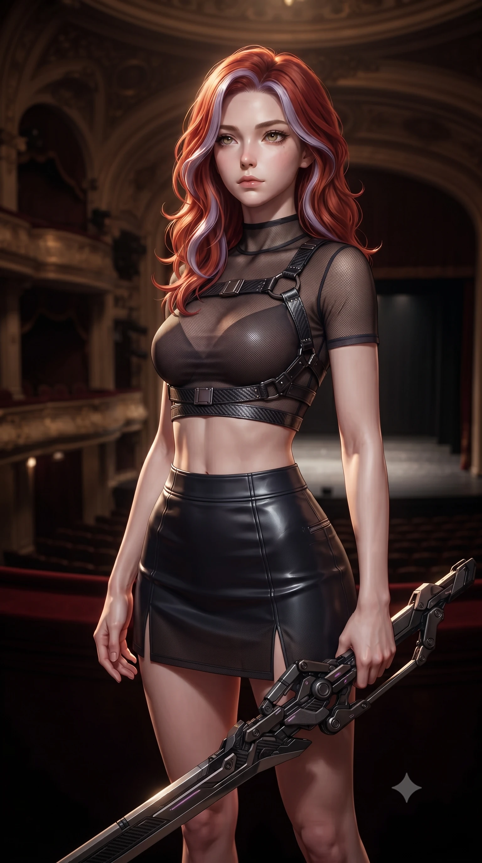 score_9, masterpiece, best quality, ultra-detailed, high-budget anime keyframe, editorial fashion photography, tasteful artistic composition, Caucasian woman. close-up cowboy shot from the waist and thighs up, the character dominates the composition, filling the frame with her large presence, background elements kept in soft focus. holding a deactivated nanotech glaive, looking past the camera with quiet, sharp focus and a composed expression, the background shows a soft-focus a private balcony alcove of a historic grand theater overlooking the stage. She has an exceptionally elegant, slender, and willowy female figure with an ultra-slim waist, a gracefully sculpted slender torso, and a refined silhouette. sharp v-shaped jawline, high-bridge nose, intricate jewel-like eyes with depth, thick eyelashes, glossy lips with a natural sheen. wearing a tailored semi-opaque dark mesh crop top paired with a micro skirt, layered with a carbon-fiber harness. single warm spotlight from the stage tracing her posture and silhouette. ultra-reflective glossy finish, specular highlights, metallic sheen, high-contrast stereoscopic depth, volumetric dynamic lighting, 2k, ultra detail, master piece, 9:16 ratio