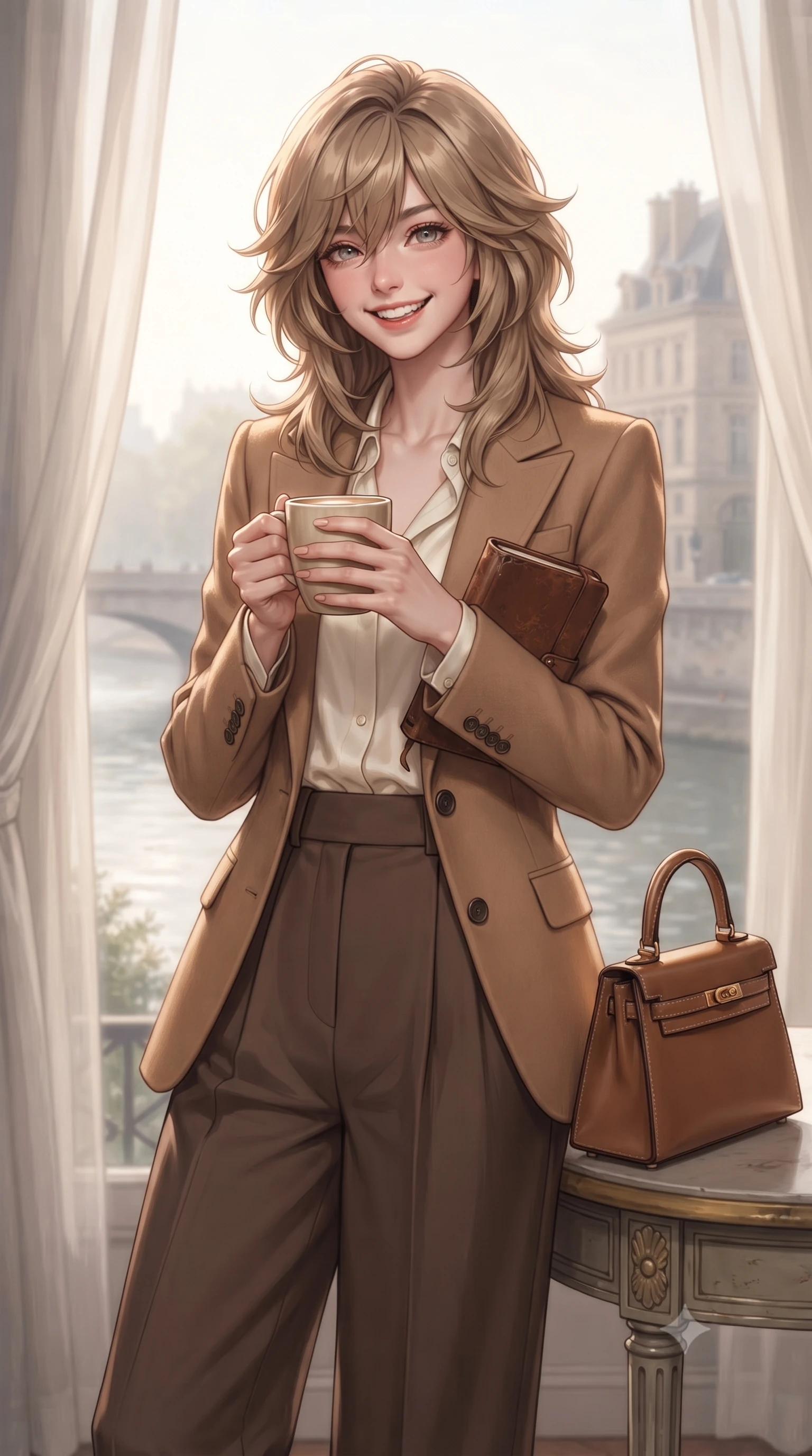 score_9, masterpiece, best quality, ultra-detailed, high-budget anime keyframe, editorial fashion photography, tasteful artistic composition, Japanese woman. close-up cowboy shot from the waist and thighs up, the character dominates the composition, filling the frame with her large presence. holding a leather notebook close to her chest with both arms, smiling delightfully with youthful scholarly grace while holding a warm mug of café au lait in both hands, wrapped in an elegant wool wrap coat as morning mist rises over the river. The background shows a soft-focus French apartment interior shear curtains softened in intimate Parisian morning shallow focus. She has an exceptionally elegant, slender, and willowy female figure with an ultra-slim waist, flat toned midriff, narrow ribcage, and sculpted feminine hips creating an alluring, slim hourglass silhouette without bulk. sharp v-shaped jawline, high-bridge nose, intricate jewel-like sparkling eyes with depth, thick eyelashes, glossy parted lips with a natural peach sheen, bright cheerful beaming smile with an enchanting and coquettish sensual glint, exuding both youthful cute charm and seductive allure, flawlessly proportioned anatomical accuracy, strict slender model proportions, natural body alignment, perfectly sculpted long slender limbs, ultra-slim waistline, clean dynamic posture without body distortion. wearing a chic tailored smoking jacket blazer paired with fluid pleated palazzo trousers and a silk blouse base in Saint-Germain camel wool and warm espresso, crafted from ultra-soft Mongolian cashmere with exquisite insulating warmth and tactile softness, finished with a structured leather top-handle mini bag resting gracefully at her side, the bespoke architectural tailoring hugging her natural waistline with sartorial precision, creating a clean graceful hourglass silhouette with tall model elegance. bathed in soft, luminous early morning autumn sunlight reflecting off the Seine river surface and stone facades. ultra-reflective glossy finish, specular highlights, rich textural contrasts, high-contrast stereoscopic depth, volumetric dynamic lighting, 2k, ultra detail, master piece, 9:16 ratio