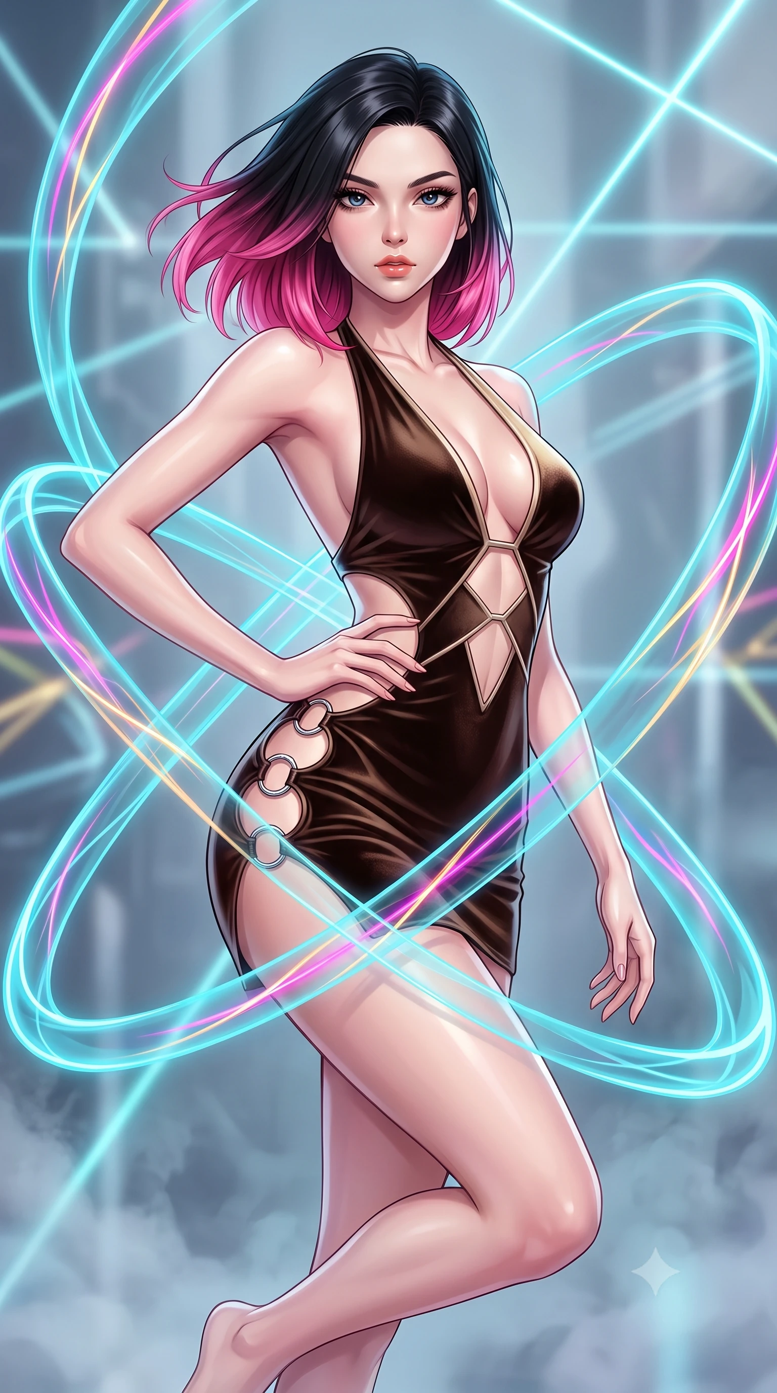 score_9, masterpiece, best quality, ultra-detailed, high-budget anime keyframe, editorial fashion photography, tasteful artistic composition, Korean woman. close-up cowboy shot from the waist and thighs up, the character dominates the composition, filling the frame with her large presence, background elements kept in soft focus. Holding a powerful dynamic pose with one hand on her hip and body angled dramatically toward the key light while floating dynamically in mid-air while weaving translucent cyan plasma ribbons around her body, fluorescent cyan, magenta, and gold plasma ribbons crossing in 3D space. She has an exceptionally elegant, slender, and willowy female figure with an ultra-slim waist, a gracefully sculpted slender torso, and a refined silhouette. sharp v-shaped jawline, high-bridge nose, intricate jewel-like eyes with depth, thick eyelashes, glossy lips with a natural sheen, flawlessly proportioned anatomical accuracy, natural body alignment, perfectly sculpted elegant limbs, clean dynamic posture without body distortion. wearing a deep-scoop halter bodycon dress with hip cutouts connected by silver rings in espresso brown and warm cream, made of premium stretch velvet with a rich sheen, featuring subtle geometric cutouts that highlight her ultra-slim midriff, the form-contouring material highlighting her ultra-slim waist and long lines. bathed in sharp geometric laser grid highlights and soft ambient fill. highly saturated vibrant anime colors, detailed shading with soft gradients, rich glossy textures, high-contrast stereoscopic depth, volumetric dynamic lighting, master piece, 9:16 ratio