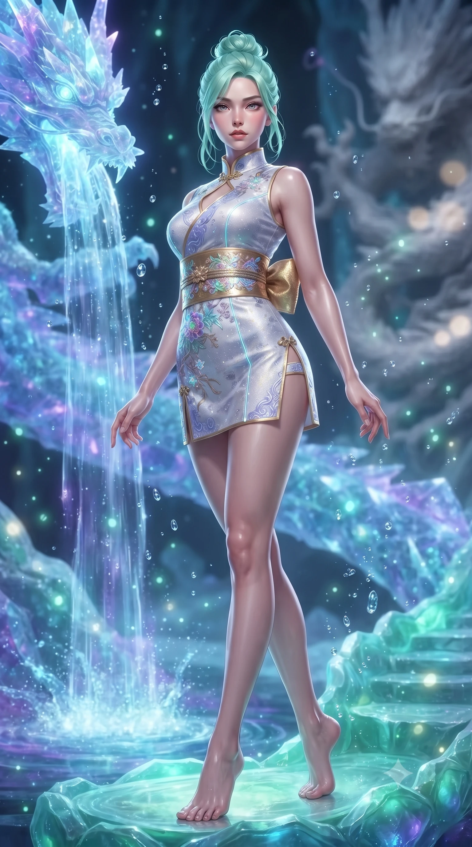 score_9, masterpiece, best quality, ultra-detailed, high-budget anime keyframe, editorial fashion photography, tasteful artistic composition, Japanese woman. low angle full-body shot from head to toe showing her feet, filling the entire 9:16 vertical frame with her statuesque presence, stretching her vertical silhouette. landing lightly on the balls of her feet in a balanced kinetic stance, eyes locked onto the camera with fearless allure while standing poised on a sculpted jade terrace beside a glowing crystalline dragon spring where bioluminescent water cascades. The composition keeps background elements in soft focus with creamy bokeh. sparkling water droplets and glowing jade micro-particles scattering luminous light motes. She has an absolutely perfect, statuesque 8.5-heads proportion, an exceptionally tall and slender model-like female figure with impossibly long slender legs, a toned flat midriff, and an ultra-slim waist. sharp v-shaped jawline, high-bridge nose, intricate jewel-like eyes with depth, thick eyelashes, glossy lips with a natural sheen, captivating and magnetic expression, flawlessly proportioned anatomical accuracy, strict slender model proportions, natural body alignment, perfectly sculpted long slender limbs, ultra-slim waistline, clean dynamic posture without body distortion. wearing a futuristic embroidered qipao mini dress with glowing fiber-optic seams and side cutouts in celestial opal white and stardust violet, woven from lightweight fluid silk brocade with woven gold thread, complemented by a wide metallic gold obi sash with holographic floral embroidery, the liquid-tight tailored fabric emphasizing every curve of her tall, slender model proportions and sculptured silhouette during dynamic movement. surrounded by a royal, mythical, and deeply revered dragon palace guardian princess aura. ultra-reflective glossy finish, specular highlights, rich textural contrasts, high-contrast stereoscopic depth, volumetric dynamic lighting, 2k, ultra detail, master piece, 9:16 ratio
