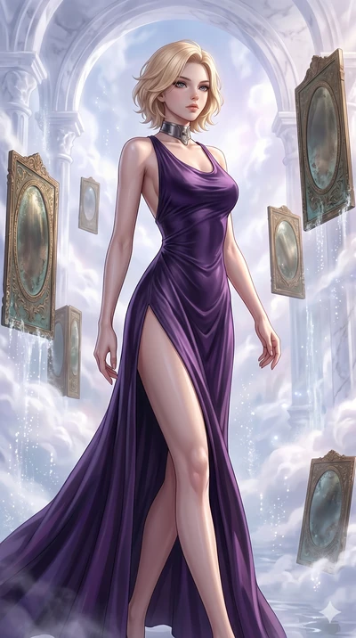 score_9, masterpiece, best quality, ultra-detailed, high-budget anime keyframe, Korean woman. upper body close-up from the thighs up, character filling the screen for maximum presence. wandering through a mirage cloud cathedral of translucent marble 