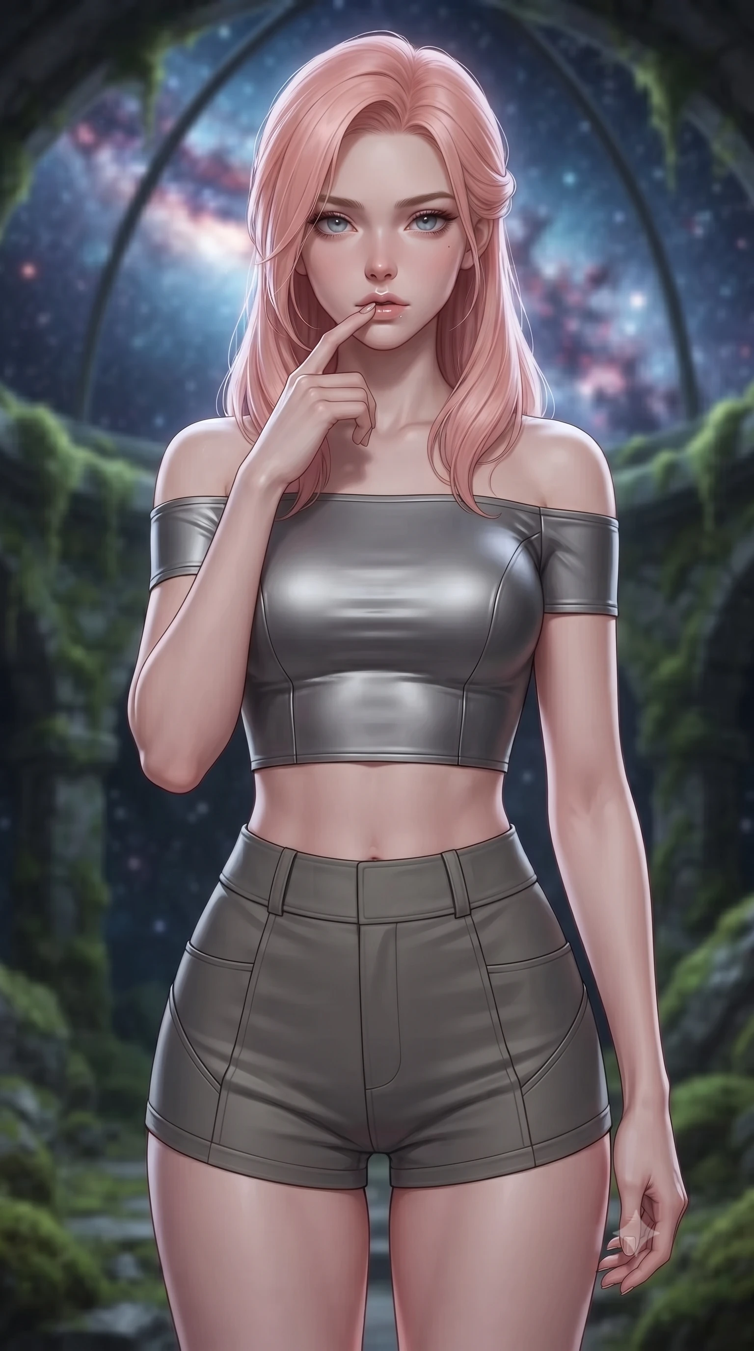 score_9, masterpiece, best quality, ultra-detailed, high-budget anime keyframe, editorial fashion photography, tasteful artistic composition, Japanese woman. close-up cowboy shot from the waist and thighs up, the character dominates the composition, filling the frame with her large presence, background elements kept in soft focus. pressing one finger to her bottom lip in a thoughtful, composed gesture, locking eyes with the viewer, the background shows a soft-focus a moss grotto observatory looking at a galaxy nebula in stardust under a dome. She has an exceptionally elegant, slender, and willowy female figure with an ultra-slim waist, a gracefully sculpted slender torso, and a refined silhouette. sharp v-shaped jawline, high-bridge nose, intricate jewel-like eyes with depth, thick eyelashes, glossy lips with a natural sheen. wearing a form-contouring chic off-shoulder carbon-plate crop top, paired with high-waisted utility micro-shorts. soft silver starlight wrapping her statuesque posture in a quiet mood. ultra-reflective glossy finish, specular highlights, metallic sheen, high-contrast stereoscopic depth, volumetric dynamic lighting, 2k, ultra detail, master piece, 9:16 ratio