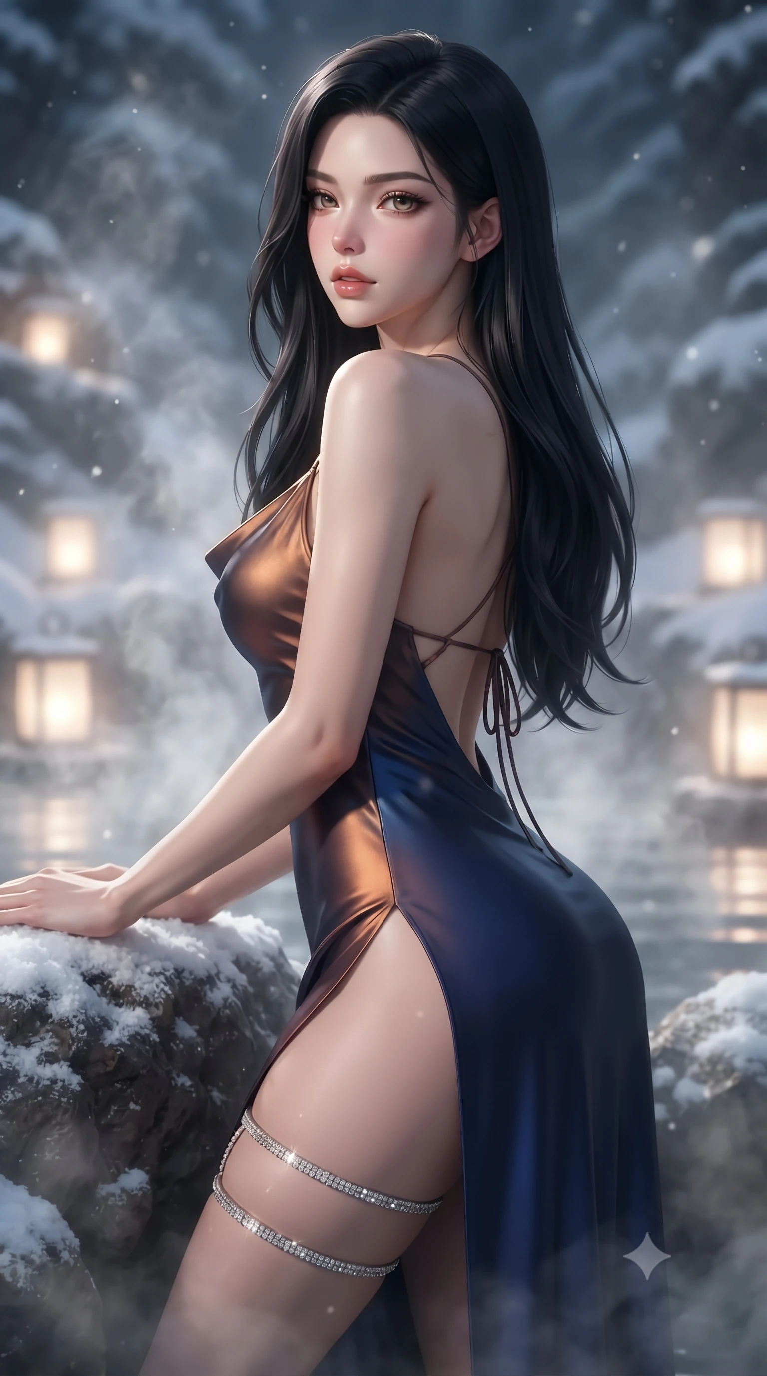 score_9, masterpiece, best quality, ultra-detailed, high-budget anime keyframe, editorial fashion photography, tasteful artistic composition, Korean woman. close-up cowboy shot from the waist and thighs up, the character dominates the composition, filling the frame with her large presence. posing in an alluring rear three-quarter angle, looking over a bare shoulder with parted glossy lips, her hips cocked back to highlight her slim hourglass curve while leaning against the snow-frosted volcanic rock rim with hips cocked back, looking over a bare shoulder through swirls of vapor with smoldering eyes. The background shows a soft-focus submerged hot spring lanterns softened in mystical winter alpine shallow focus. She has an exceptionally elegant, slender, and willowy female figure with an ultra-slim waist, flat toned midriff, narrow ribcage, and sculpted feminine hips creating an alluring, slim hourglass silhouette without bulk. sharp v-shaped jawline, high-bridge nose, sparkling eyes with hypnotic seductive depth, thick curled eyelashes, glossy parted lips with a natural dewy peach sheen, alluring bedroom-eyes with an enchanting coquettish smile, exuding magnetic siren charisma and sophisticated glamour, flawlessly proportioned anatomical accuracy, strict slender model proportions, natural body alignment, perfectly sculpted long slender limbs, ultra-slim waistline, clean dynamic posture without body distortion. wearing a plunging cowl-neck liquid cashmere-silk slip gown with daring hip-high double slits and delicate back ties in molten liquid bronze and deep sapphire navy, made of semi-opaque stretch illusion mesh with soft shadowy contours, finished with delicate crystal-encrusted thigh garter straps glinting in the dim light, the liquid-tight tailored fabric clinging flawlessly to her narrow waist and rounded feminine hips, emphasizing every millimeter of her sculpted slim hourglass curves without any bulky heaviness. illuminated by rising steam particle light scatter and sharp platinum rim lights sculpting her jawline, flat midriff, and voluptuous hip curves. ultra-reflective glossy finish, specular highlights, rich textural contrasts, high-contrast stereoscopic depth, volumetric dynamic lighting, 2k, ultra detail, master piece, 9:16 ratio