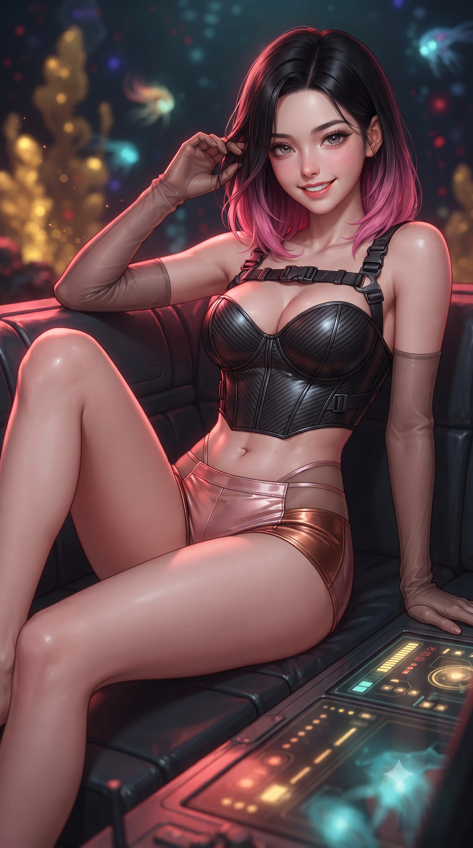 score_9, masterpiece, best quality, ultra-detailed, high-budget anime keyframe, editorial fashion photography, tasteful artistic composition, Korean woman. close-up cowboy shot from the waist and thighs up, the character dominates the composition, filling the frame with her large presence. gently brushing a lock of hair behind her ear while casting a playful, flirtatious side-gaze with long eyelashes while lounging gracefully across the tactical sonar operator couch propped on one elbow with legs extended, displaying her long slender limbs and statuesque hourglass silhouette. The background shows a soft-focus golden mineral heat plumes from hydrothermal vents, glowing bioluminescent abyssal creatures, and deep ink-black ocean blurred into gold, ruby, and indigo bokeh. She has an exceptionally elegant, slender, and willowy female figure with an ultra-slim waist, flat toned midriff, narrow ribcage, and sculpted feminine hips creating an alluring, slim hourglass silhouette without bulk. sharp v-shaped jawline, high-bridge nose, intricate jewel-like sparkling eyes with depth, thick eyelashes, glossy parted lips with a natural peach sheen, bright cheerful beaming smile with an enchanting and coquettish sensual glint, exuding both youthful cute charm and seductive allure, flawlessly proportioned anatomical accuracy, strict slender model proportions, natural body alignment, perfectly sculpted long slender limbs, ultra-slim waistline, clean dynamic posture without body distortion. wearing a sculpted carbon-fiber underwire crop corset with tactical buckle straps paired with low-rise micro shorts in high-gloss rose-gold and burnished copper, featuring strategic sheer-illusion tulle side panels framing her ribcage and hips, complemented by sheer opera-length evening gloves tracing her slender arms, the liquid-tight tailored fabric clinging flawlessly to her narrow waist and rounded feminine hips, emphasizing every millimeter of her sculpted slim hourglass curves without any bulky heaviness. bathed in moody 660nm deep red tactical battle stations lighting mixed with golden geothermal exterior fires. ultra-reflective glossy finish, specular highlights, rich textural contrasts, high-contrast stereoscopic depth, volumetric dynamic lighting, 2k, ultra detail, master piece, 9:16 ratio