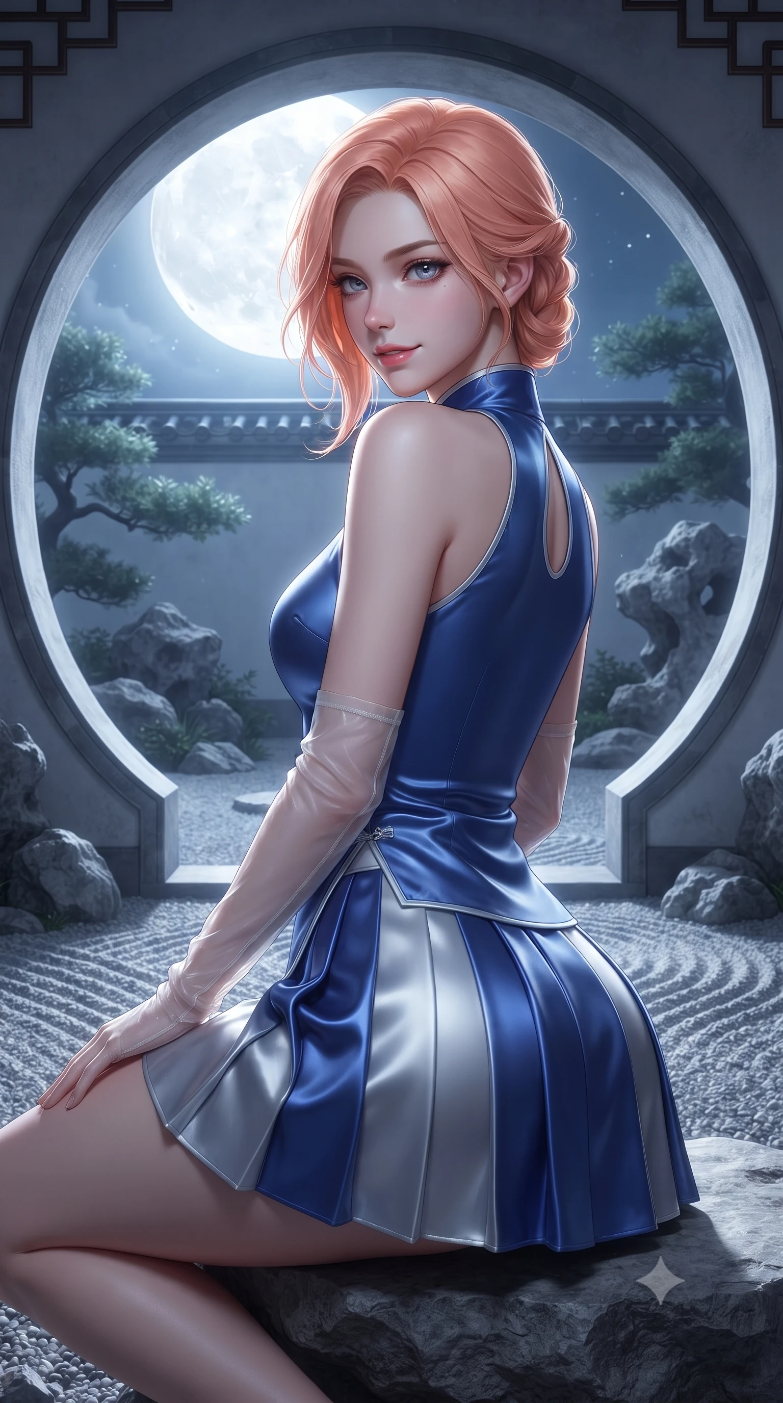 score_9, masterpiece, best quality, ultra-detailed, high-budget anime keyframe, editorial fashion photography, tasteful artistic composition, Japanese woman. close-up cowboy shot from the waist and thighs up, the character dominates the composition, filling the frame with her large presence. posing in an alluring rear three-quarter angle, turning over a bare shoulder with an intoxicating gaze, her hips cocked back to highlight her slim hourglass curve while sitting gracefully in the center of a large circular moon-gate stone opening, arching her lower back in an iconic silhouette against the garden. The surrounding environment is rendered in vivid detail and crisp panoramic clarity: sharp gravel wave ridge textures, weathered granite garden rock pores, and circular timber window frame joinery in deep focus. She has an exceptionally elegant, slender, and willowy female figure with an ultra-slim waist, flat toned midriff, narrow ribcage, and sculpted feminine hips creating an alluring, slim hourglass silhouette without bulk. sharp v-shaped jawline, high-bridge nose, intricate jewel-like dark sparkling almond eyes with depth, thick lashes, glossy parted lips with a natural rose-plum sheen, bright alluring and coquettish smile with bedroom-eyes, exuding both timeless oriental elegance and sovereign high-fashion allure, flawlessly proportioned anatomical accuracy, strict slender model proportions, natural body alignment, perfectly sculpted long slender limbs, ultra-slim waistline, clean dynamic posture without body distortion. wearing a sleeveless modern qipao top with an elegant teardrop chest keyhole cutout paired with a curve-hugging pleated mini skirt in royal cobalt blue and starlight platinum, crafted from heavy fluid silk satin with a liquid mirror-like sheen, complemented by delicate sheer silk fingerless gloves reaching past her elbows, the form-contouring cut accentuating her sculpted flat midriff, narrow delicate ribcage, and gracefully curvy hips with regal oriental supermodel elegance. bathed in pristine silver moonlight pouring through the circular moon-gate aperture. ultra-reflective glossy finish, specular highlights, rich textural contrasts, high-contrast stereoscopic depth, volumetric dynamic lighting, 2k, ultra detail, master piece, 9:16 ratio