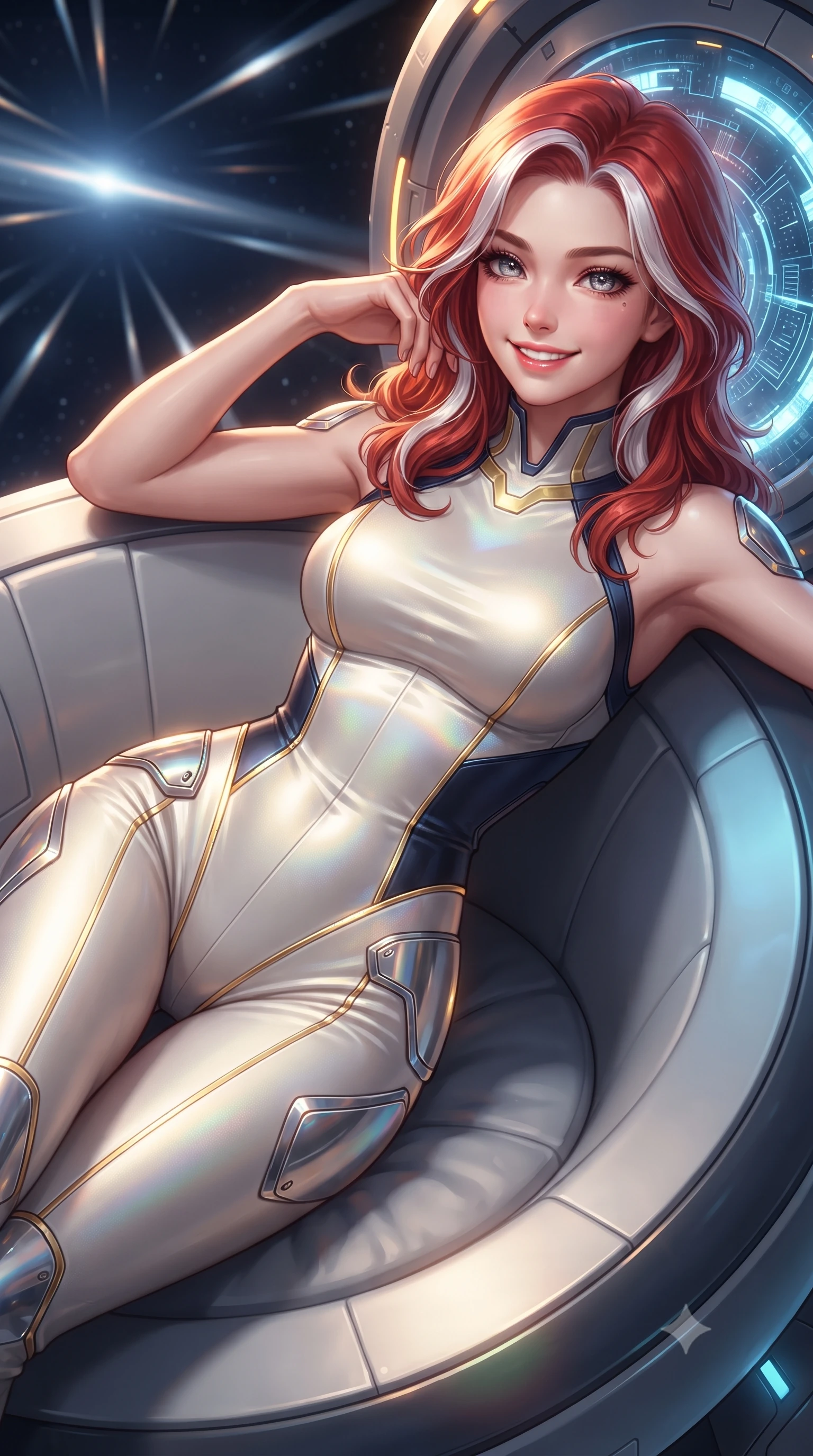 score_9, masterpiece, best quality, ultra-detailed, high-budget anime keyframe, editorial fashion photography, tasteful artistic composition, Caucasian woman. close-up cowboy shot from the waist and thighs up, the character dominates the composition, filling the frame with her large presence. leaning back against the glowing maintenance bulkhead with relaxed seductive grace, her flat midriff and narrow waist highlighted as laser ambient light traces her curves while reclining on a circular titanium lounger propped on one elbow, her flat midriff and long slender limbs glowing in cosmic event horizon radiance. The background shows a soft-focus relativistic jet beams shooting into infinity and quantum shielding fields softened in mind-bending cosmic shallow focus. She has an exceptionally elegant, slender, and willowy female figure with an ultra-slim waist, flat toned midriff, narrow ribcage, and sculpted feminine hips creating an alluring, slim hourglass silhouette without bulk. sharp v-shaped jawline, high-bridge nose, intricate jewel-like sparkling eyes with depth, thick eyelashes, glossy parted lips with a natural sheen, bright confident smile with an enchanting and coquettish sensual glint, exuding both youthful magnetic charm and sovereign high-tech allure, flawlessly proportioned anatomical accuracy, strict slender model proportions, natural body alignment, perfectly sculpted long slender limbs, ultra-slim waistline, clean dynamic posture without body distortion. wearing a form-fitting white-and-gold zero-gravity EVA jumpsuit with an ultra-slim corseted waist and exposed clavicle line in midnight navy blue and holographic iridescent shimmer, tailored from brushed aeronautical titanium alloy with matte satin sheen, accented with strategically placed chrome armor plate guards covering key curves, the precision-cut side openings and low-back scoop framing her graceful spine and the sensual sweep of her slim, toned hips. illuminated by cabin instrument fills and sharp molten-gold rim lights defining her razor-sharp jawline, narrow waist, and curvy hips. ultra-reflective glossy finish, specular highlights, rich textural contrasts, high-contrast stereoscopic depth, volumetric dynamic lighting, 2k, ultra detail, master piece, 9:16 ratio