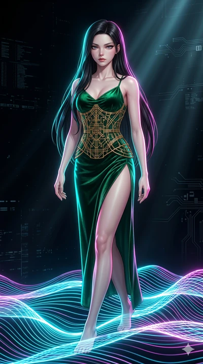 score_9, masterpiece, best quality, ultra-detailed, high-budget anime keyframe, Japanese woman. upper body close-up from the thighs up, character filling the screen for maximum presence. stepping on holographic fluid ribbons of sound that ripple with