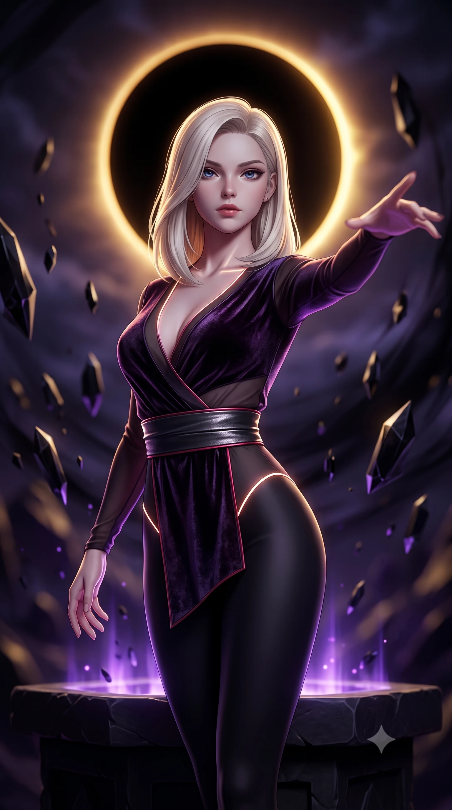 score_9, masterpiece, best quality, ultra-detailed, high-budget anime keyframe, semi-realistic 3D game render, editorial fashion photography, tasteful artistic composition, Caucasian woman. close-up cowboy shot from the waist and thighs up, the character dominates the composition, filling the frame with her large presence. extending one arm gracefully toward the shadows while her torso arches in a sleek, alluring curve with intoxicating, dangerous allure while standing with supreme occult authority atop a dark basalt altar under a black eclipsed sun as jagged black crystals hover around her. The composition keeps background elements in soft focus with creamy bokeh. eclipsed sun corona ring and hovering black crystals blurred into deep violet, gold, and pitch-black bokeh. She has an exceptionally elegant, slender, and willowy female figure with an ultra-slim waist, a gracefully sculpted slender torso, toned flat midriff, and a refined slim silhouette. sharp v-shaped jawline, high-bridge nose, intricate jewel-like eyes with depth, thick eyelashes, glossy lips with a natural sheen, flawlessly proportioned anatomical accuracy, strict slender model proportions, natural body alignment, perfectly sculpted long slender limbs, ultra-slim waistline, clean dynamic posture without body distortion. wearing a shortened dark gothic-fusion wrap top with transparent chiffon panels, a deep crossover neckline, and a metallic waist sash in shadowy asphalt black and subtle neon red edges, made of rich crushed velvet that catches deep directional light with soft gradients, accented with glowing fiber-optic seams tracing her collarbones and hip curves in the gloom, the liquid-tight tailored fabric emphasizing every curve of her tall, slender model proportions and sculptured silhouette during dynamic movement. bathed in glowing violet arcane energy uplights and sharp golden eclipse corona rim lighting. rich saturated anime colors with deep moody shadows, detailed chiaroscuro shading with soft gradients, rich glossy textures, high-contrast stereoscopic depth, volumetric dynamic shadow lighting, master piece, 9:16 ratio