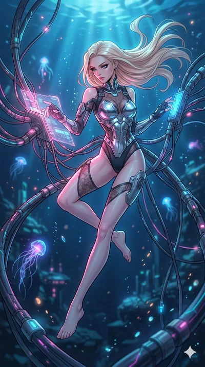 score_9, masterpiece, best quality, ultra-detailed, high-budget anime movie keyframe, cinematic anime lighting, intricate line art, Japanese anime girl. Mid-air action shot capturing a graceful twist and vertical silhouette. interfacing with a networ