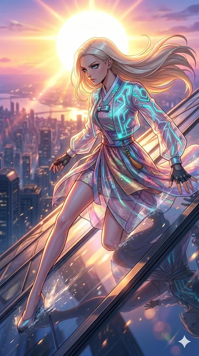 score_9, masterpiece, best quality, ultra-detailed, high-budget anime movie keyframe, cinematic anime lighting, intricate line art, Japanese woman. Dynamic full-body shot stretching the vertical silhouette with extreme perspective. sliding down a gla