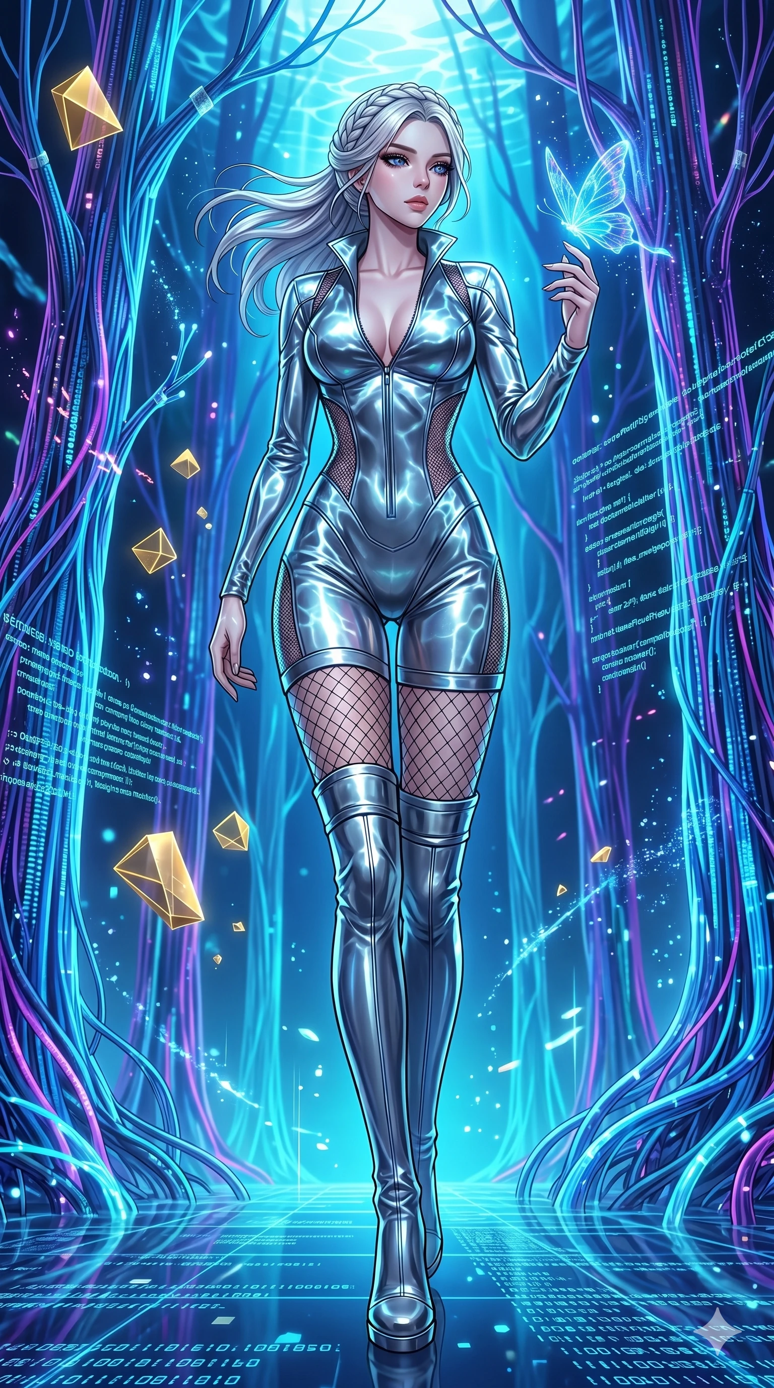 score_9, masterpiece, best quality, ultra-detailed, High-budget Anime Keyframe, vibrant colors, fluid line-art, expressive lighting, cinematic composition, Ufotable-style visual effects, top-tier animation quality, Korean woman with idol-like refined features. Cinematic low angle perspective showcasing her towering height and perfect 8-heads proportion. Walking through a futuristic digital forest where the trees are made of fiber-optics and glowing data streams, interacting with bioluminescent wildlife. She has an absolutely perfect 8-heads proportion, an exceptionally tall and slender female figure with impossibly long slender legs and an ultra-slim waist, her statuesque height and towering silhouette dominating the vertical 9:16 frame. Her face is a masterpiece featuring a sharp v-shaped jawline, high-bridge nose, intricate jewel-like eyes with depth, thick eyelashes, and glossy lips with a natural sheen. She is wearing a Sci-fi pilot flight suit with an open collar and strategically placed mesh panels crafted from Molten liquid mercury that flows and reflects the environment with metallic perfection, accompanied by sensual fishnet stockings and thigh-high metallic boots. The scene is set in an abstract digital void with floating golden geometric shapes and rivers of flowing code, illuminated by underwater caustic lighting with ripples of light dancing across her body. 2k, ultra detail, master piece, 9:16 ratio
