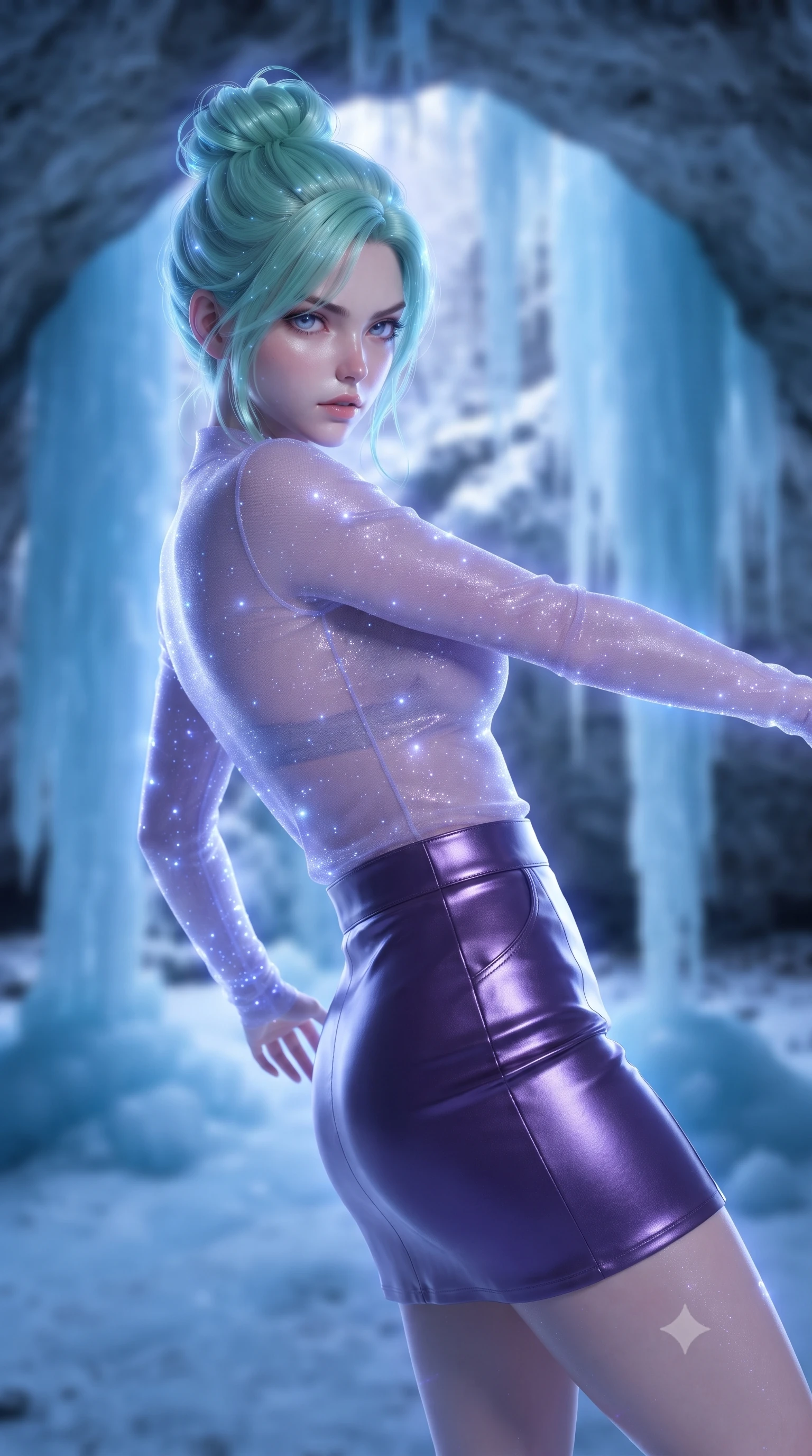 score_9, masterpiece, best quality, ultra-detailed, high-budget anime keyframe, editorial fashion photography, tasteful artistic composition, realistic cosplay photography, Japanese woman. close-up cowboy shot from the waist and thighs up, the character dominates the composition, filling the frame with her large presence, background elements kept in soft focus. Leaning back to dodge a fast strike with fluid grace, casting a cold side-glare. set against a soft-focus background of inside a cave carved behind a frozen glacial waterfall, columns of pure blue ice hanging from the ceiling. She has an exceptionally elegant and slender, willowy female figure with an ultra-slim waist, a gracefully sculpted slender torso, and a refined slim physique. sharp v-shaped jawline, high-bridge nose, intricate jewel-like eyes with depth, thick eyelashes, glossy lips with a natural sheen. wearing catching and diffusing the glowing particles, shimmering softly in response to the surrounding light, a body-hugging sheer long-sleeve top in lavender, paired with a high-waisted dark purple leather skirt. cool ethereal blue-violet bioluminescent glow wrapping around her from all sides. ultra-reflective glossy finish, specular highlights, metallic sheen, high-contrast stereoscopic depth, volumetric dynamic lighting, 2k, ultra detail, master piece, 9:16 ratio