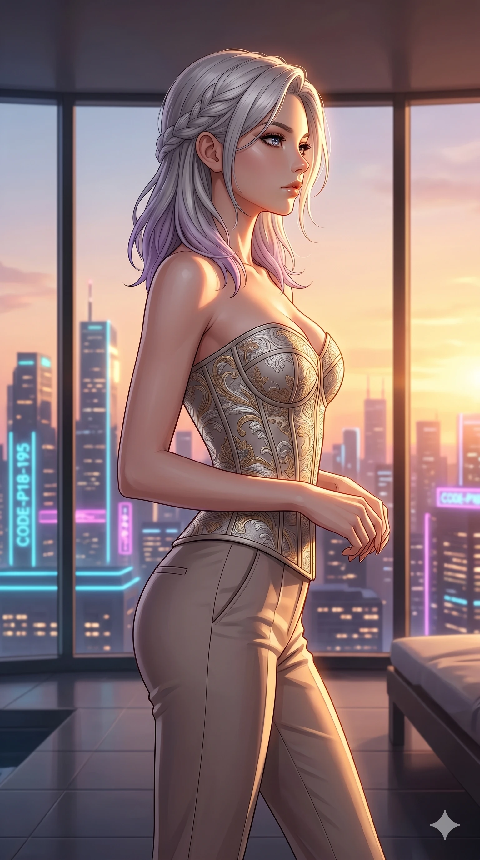 score_9, masterpiece, best quality, ultra-detailed, high-budget anime keyframe, editorial fashion photography, tasteful artistic composition, Caucasian woman, strictly human ears. cowboy shot from the thighs up, character and outfit filling the frame for maximum editorial presence. standing in a sharp profile pose, her face turned to catch the light in a luxury penthouse spa overlooking a glowing neon city skyline (Code-P18-195). She has an absolutely perfect 8-heads proportion, an exceptionally tall and slender female figure with impossibly long slender legs and an ultra-slim waist. V-shaped jawline, high-bridge nose, intricate jewel-like eyes with depth, thick eyelashes, glossy lips with a natural sheen. wearing a structured patterned embroidery structured bodice with sweetheart neckline showing sculpted contours. bathed in warm golden hour sunset light, tracing the sleek contours of her athletic build. 2k, ultra detail, master piece, 9:16 ratio