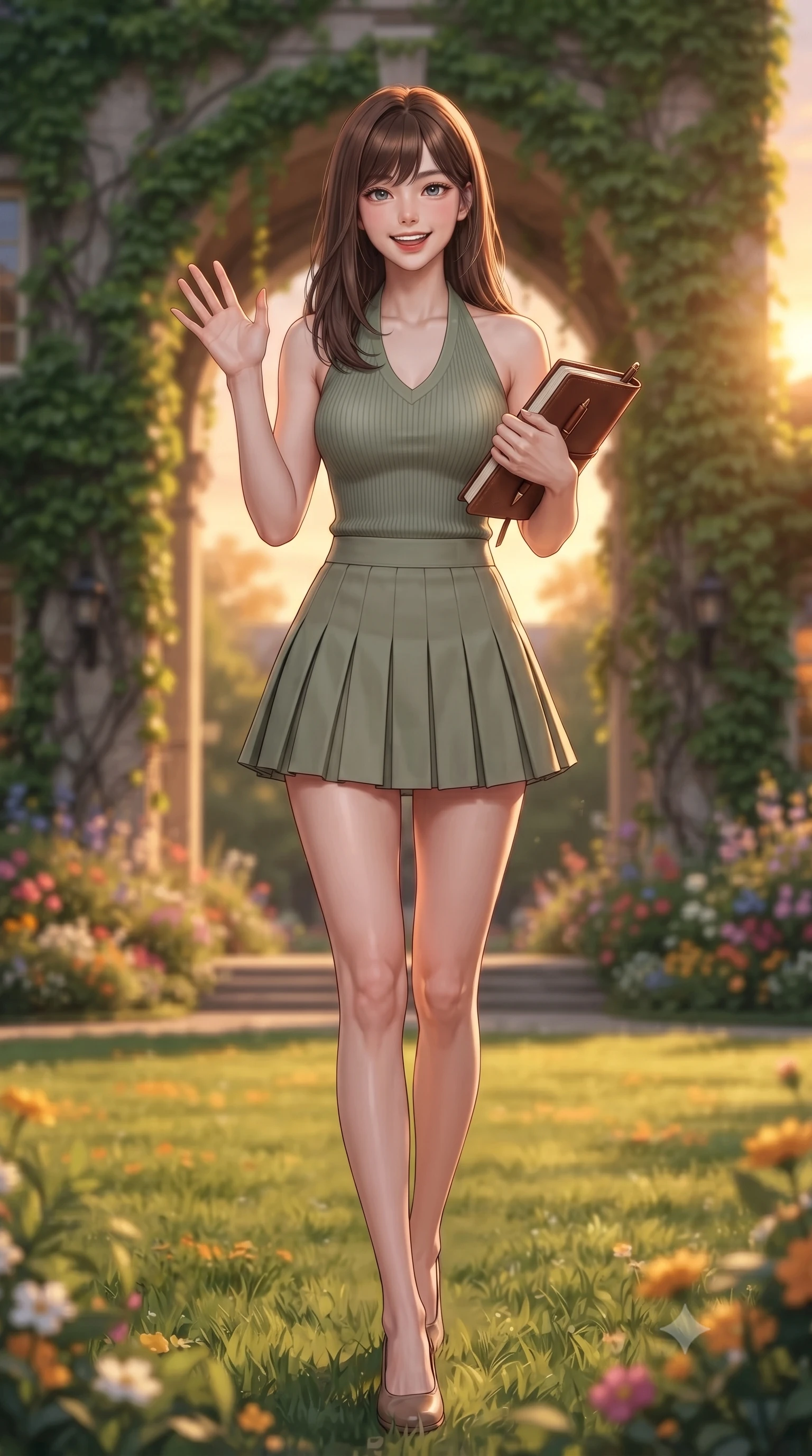 score_9, masterpiece, best quality, ultra-detailed, high-budget anime keyframe, editorial fashion photography, tasteful artistic composition, Korean woman. low angle full-body shot from head to toe showing her feet, filling the entire 9:16 vertical frame with her statuesque presence, stretching her vertical silhouette. stepping forward with a bright, cheerful smile, waving happily at the viewer set against a soft-focus background of near a college campus gate draped in green ivy vines and surrounded by flowers holding a leather-bound journal and a matching pen. She has an absolutely perfect, statuesque 8.5-heads proportion, an exceptionally tall and slender model-like female figure with impossibly long slender legs and an ultra-slim waist. sharp v-shaped jawline, high-bridge nose, intricate jewel-like eyes with depth, thick eyelashes, glossy lips with a natural sheen. wearing slim-fit tailored halter knit top in sage green, paired with a pleated mini skirt. golden hour sunset light casting a peaceful, cozy orange wash across the lawns. ultra-reflective glossy finish, specular highlights, metallic sheen, high-contrast stereoscopic depth, volumetric dynamic lighting, 2k, ultra detail, master piece, 9:16 ratio