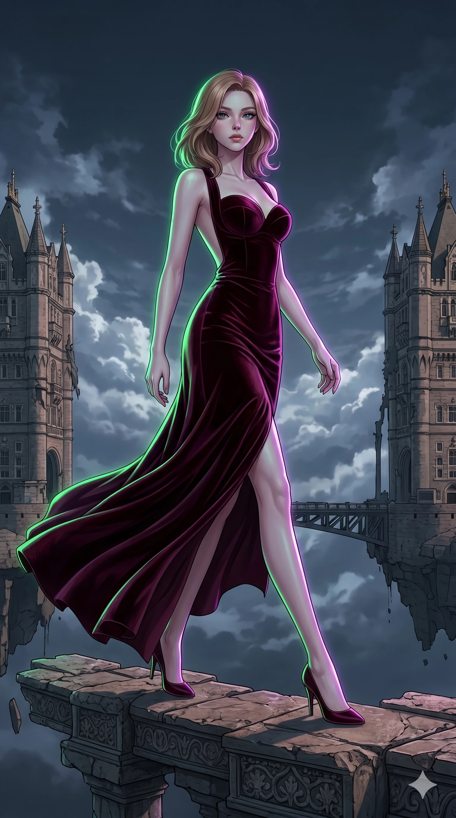 score_9, masterpiece, best quality, ultra-detailed, high-budget anime keyframe, editorial fashion photography, tasteful artistic composition, Korean woman. low angle full-body shot from head to toe showing her feet, filling the entire 9:16 vertical frame with her statuesque presence, stretching her vertical silhouette. Gliding across the floor with a smooth, effortless step, her garments trailing behind on a floating bridge connecting two towers of a ruined sky castle, with a quiet silence hanging over the sacred ground. She has an absolutely perfect 8-heads proportion, an exceptionally tall and slender female figure with impossibly long slender legs and an ultra-slim waist. V-shaped jawline, high-bridge nose, intricate jewel-like eyes with depth, thick eyelashes, glossy lips with a natural sheen. wearing a deep burgundy velvet column gown with a dramatic open-back and a structured sweetheart bodice. under twin neon green and purple rim lights that trace her silhouette with intense color lines. 2k, ultra detail, master piece, 9:16 ratio