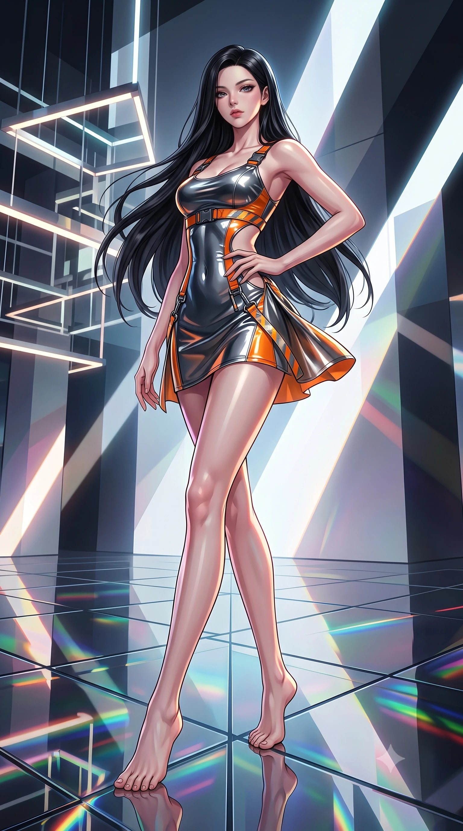 score_9, masterpiece, best quality, ultra-detailed, high-budget anime keyframe, semi-realistic 3D game render, editorial fashion photography, tasteful artistic composition, Korean woman. low angle full-body shot from head to toe showing her feet, filling the entire 9:16 vertical frame with her statuesque presence, stretching her vertical silhouette. standing poised with one hip cocked in an alluring high-fashion pose, her tall 8.5-heads proportions dominating the scene while pivoting gracefully on a mirrored floor as infinite reflections of light and color surround her slender frame. The surrounding environment is rendered in vivid detail and crisp panoramic clarity. ultra-modern minimalist gallery chiaroscuro and precision-engineered light art aesthetics in sharp focus. She has an absolutely perfect, statuesque 8.5-heads proportion, an exceptionally tall and slender model-like female figure with impossibly long slender legs, a toned flat midriff, and an ultra-slim waist. sharp v-shaped jawline, high-bridge nose, intricate jewel-like eyes with depth, thick eyelashes, glossy lips with a natural sheen, captivating and magnetic expression, flawlessly proportioned anatomical accuracy, strict slender model proportions, natural body alignment, perfectly sculpted long slender limbs, ultra-slim waistline, clean dynamic posture without body distortion. wearing a high-gloss vinyl mini dress accented with industrial buckle straps and side-waist cutouts in metallic gunmetal and laser orange, tailored from second-skin aerodynamic stretch vinyl with specular sheen, finished with reflective safety hazard tape details and carabiner clips, the breezy yet form-flattering drape swaying gracefully with her steps, accentuating her long willowy limbs and slim waistline. illuminated by clean geometric specular highlights tracing her sculpted torso and legs. highly saturated vibrant anime colors, detailed shading with soft gradients, rich glossy textures, high-contrast stereoscopic depth, volumetric dynamic lighting, master piece, 9:16 ratio