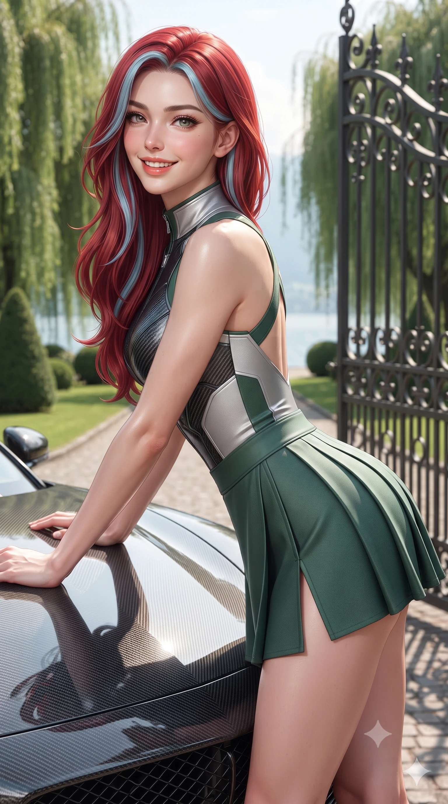 score_9, masterpiece, best quality, ultra-detailed, high-budget anime keyframe, editorial fashion photography, tasteful artistic composition, Caucasian woman. close-up cowboy shot from the waist and thighs up, the character dominates the composition, filling the frame with her large presence. leaning forward over the carbon car hood while arching her lower back to accentuate her curvy hips, looking into the camera with a confident smoldering smile and bedroom-eyes while leaning against the wrought-iron estate gates with hips cocked back, casting an alluring, intelligent bedroom-gaze over the private harbor. The background shows a soft-focus centuries-old weeping willows and manicured private estate lawns softened in prestigious Swiss shallow focus. She has an exceptionally elegant, slender, and willowy female figure with an ultra-slim waist, flat toned midriff, narrow ribcage, and sculpted feminine hips creating an alluring, slim hourglass silhouette without bulk. sharp v-shaped jawline, high-bridge nose, sparkling eyes with athletic focus and depth, thick curled eyelashes, glossy parted lips with a natural coral-peach sheen, bright confident and coquettish smile with alluring bedroom-eyes, exuding both youthful sporty vigor and sovereign high-society glamour, flawlessly proportioned anatomical accuracy, strict slender model proportions, natural body alignment, perfectly sculpted long slender limbs, ultra-slim waistline, clean dynamic posture without body distortion. wearing a sleeveless high-collar racing bodysuit with carbon-fiber chestplate accents and a pleated wrap tennis skirt with side hip slit in alpine silver platinum and forest green, tailored from lightweight aerodynamic carbon-fiber composite with structured weave, finished with criss-cross back athletic straps highlighting her graceful shoulder blades, the form-fitting tailored bodice adhering flawlessly to her sculpted flat midriff and slender torso, emphasizing her long leg lines and perfectly proportioned willowy build. bathed in luminous alpine morning sunlight cascading across the vast lake basin. ultra-reflective glossy finish, specular highlights, rich textural contrasts, high-contrast stereoscopic depth, volumetric dynamic lighting, 2k, ultra detail, master piece, 9:16 ratio