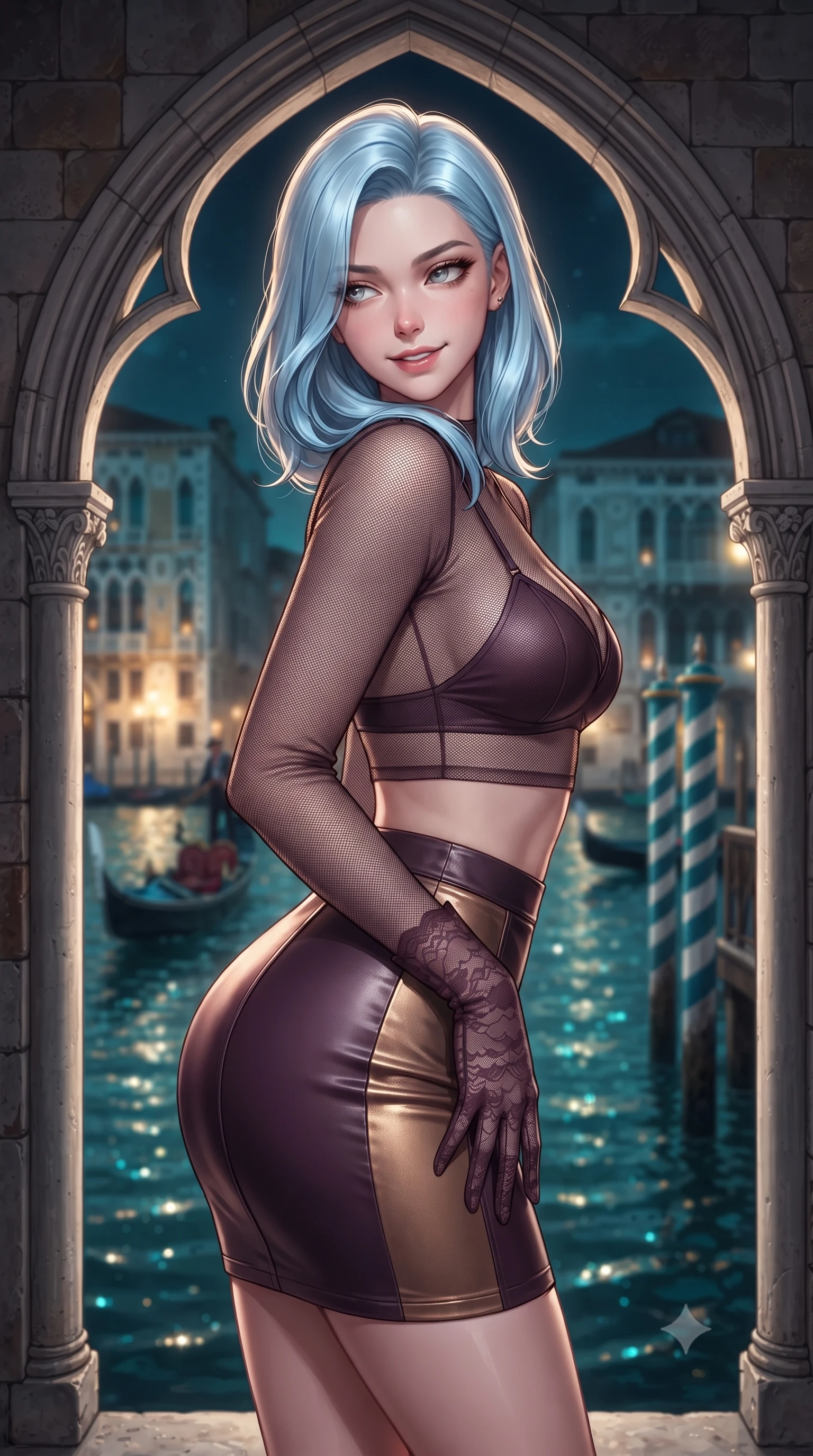 score_9, masterpiece, best quality, ultra-detailed, high-budget anime keyframe, editorial fashion photography, tasteful artistic composition, Korean woman. close-up cowboy shot from the waist and thighs up, the character dominates the composition, filling the frame with her large presence. tilting her head with a teasing half-smile, running one hand slowly down the side of her hip in a flirtatious S-curve as ambient light caresses her silhouette while leaning against the gothic pointed-arch stone portal with hips cocked back, looking over a bare shoulder toward passing gondolas. The background shows a soft-focus the dark glittering waters of the Grand Canal, illuminated baroque palazzo facades across the water, and striped mooring poles blurred into turquoise, gold, and sapphire bokeh. She has an exceptionally elegant, slender, and willowy female figure with an ultra-slim waist, flat toned midriff, narrow ribcage, and sculpted feminine hips creating an alluring, slim hourglass silhouette without bulk. sharp v-shaped jawline, high-bridge nose, sparkling eyes with hypnotic seductive depth, thick curled eyelashes, glossy parted lips with a natural dewy peach sheen, alluring bedroom-eyes with an enchanting coquettish smile, exuding magnetic siren charisma and sophisticated glamour, flawlessly proportioned anatomical accuracy, strict slender model proportions, natural body alignment, perfectly sculpted long slender limbs, ultra-slim waistline, clean dynamic posture without body distortion. wearing a sheer mesh long-sleeve crop top over an opaque strappy micro-bralette and a sleek leatherette mini skirt in rich dark plum violet and gilded bronze, made of sheer gossamer chiffon that drapes softly against skin with airy translucence, complemented by sheer opera-length lace evening gloves tracing her slender arms, the glove-like clinging cut tightly following the natural contour of her hips and long slender legs with youthful 8.5-heads elegance. illuminated by canal water specular bounce and sharp platinum-gold rim lights defining her delicate clavicles, narrow waist, and curvy hips. ultra-reflective glossy finish, specular highlights, rich textural contrasts, high-contrast stereoscopic depth, volumetric dynamic lighting, 2k, ultra detail, master piece, 9:16 ratio