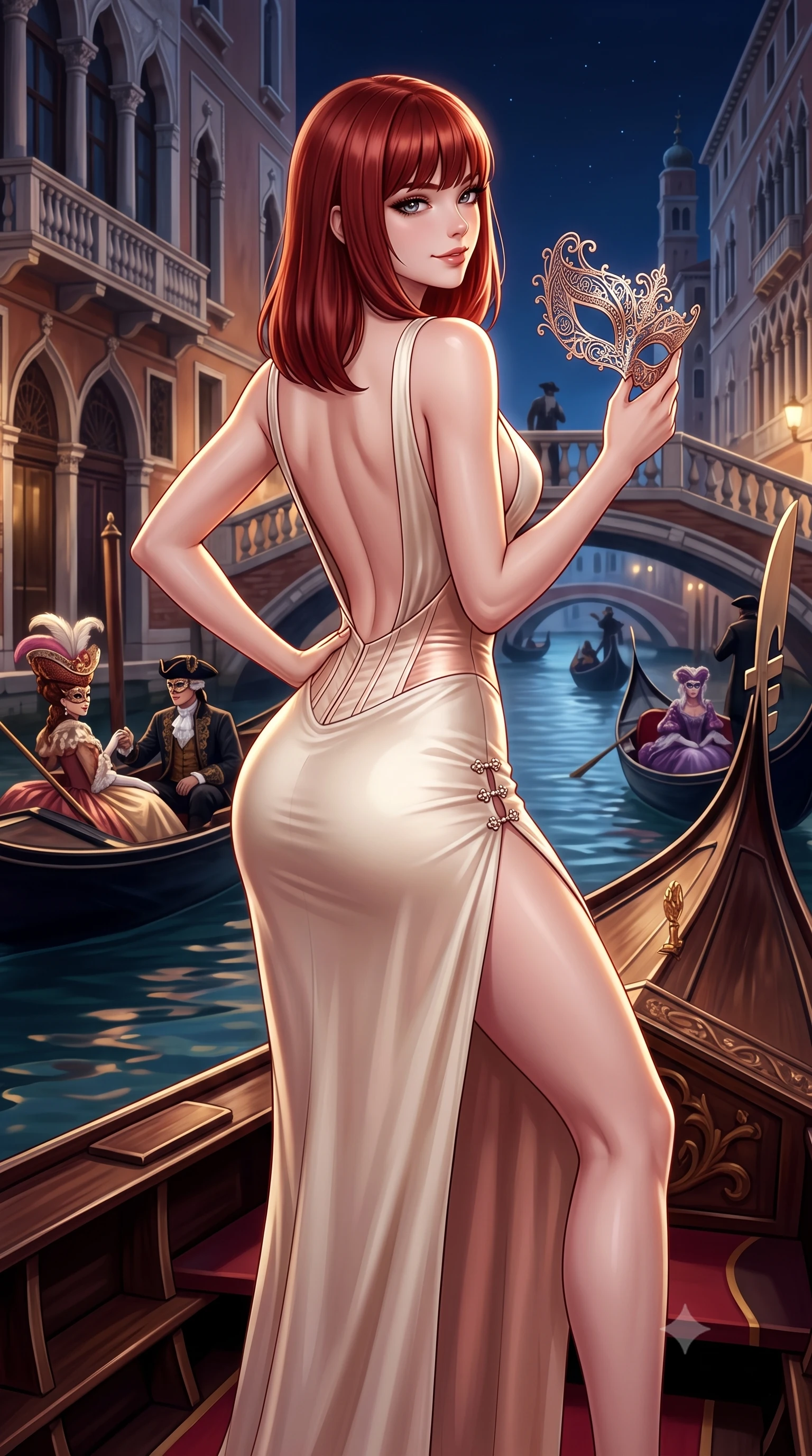 score_9, masterpiece, best quality, ultra-detailed, high-budget anime keyframe, semi-realistic 3D game render, editorial fashion photography, tasteful artistic composition, Caucasian woman. close-up cowboy shot from the waist and thighs up, the character dominates the composition, filling the frame with her large presence. tilting her chin up with proud, sovereign allure while gazing through thick eyelashes, one hand resting on her waist in pure supermodel charisma while perching sideways on the polished wood gondola gunwale, looking back over a bare shoulder with an alluring, teasing smile as she holds an ornate filigree mask. The surrounding environment is rendered in vivid detail and crisp panoramic clarity. rich high-contrast Venetian nocturnal chiaroscuro and decadent masquerade romance aesthetics in precision. She has an exceptionally elegant, slender, and willowy female figure with an ultra-slim waist, flat toned midriff, narrow ribcage, and sculpted feminine hips creating an alluring, slim hourglass silhouette without bulk. sharp v-shaped jawline, high-bridge nose, intricate jewel-like eyes with depth, thick eyelashes, glossy parted lips with a natural sheen, intensely captivating and seductive bedroom-eyes expression, flawlessly proportioned anatomical accuracy, strict slender model proportions, natural body alignment, perfectly sculpted long slender limbs, ultra-slim waistline, clean dynamic posture without body distortion. wearing a liquid-silk jersey evening gown with an ultra-deep plunging open back descending to the base of her spine and a sculpted hip-hugging skirt in vintage champagne ivory and delicate rose gold, made of fluid silk crepe with delicate inner corsetry boning, finished with an ultra-high side slit secured by miniature jeweled clasps, the form-contouring material adhering flawlessly to her sculpted flat midriff and slender torso, emphasizing her long leg lines and perfectly proportioned willowy build. surrounded by an aristocratic, scandalous, and breathlessly captivating Venetian siren aura. highly saturated vibrant anime colors, detailed shading with soft gradients, rich glossy textures, high-contrast stereoscopic depth, volumetric dynamic lighting, master piece, 9:16 ratio