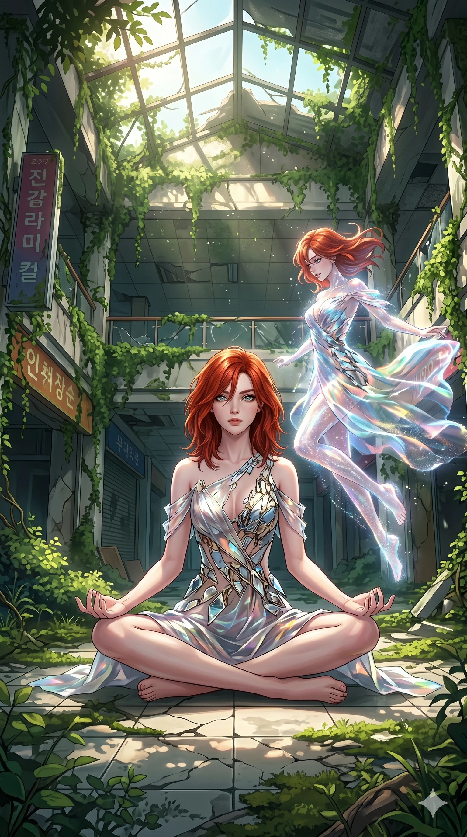 score_9, masterpiece, best quality, ultra-detailed, Set A: High-budget Anime Keyframe, Korean woman. Low angle cowboy shot filling the entire 9:16 frame with her statuesque presence. Theme: Ethereal Dream. meditating in a ruined overgrown shopping mall, as her reflection in the air starts to dance independently 285. The atmosphere is filled with cinematic sunlight through leaves. She has an absolutely perfect 8-heads proportion, an exceptionally tall and slender female figure with impossibly long slender legs and an ultra-slim waist. Sharp v-shaped jawline, high-bridge nose, intricate jewel-like eyes with depth, glossy lips. Wearing Shattered-dimension dress where parts of the fabric seem to phase in and out. Cinematic lighting, vivid colors, dramatic shadows, 2k, ultra detail, master piece, 9:16 ratio