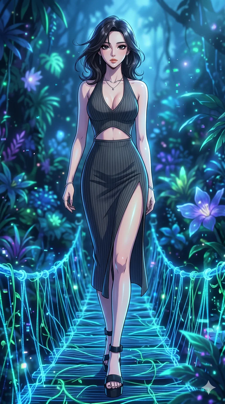 score_9, masterpiece, best quality, ultra-detailed, High-budget Anime Keyframe, vibrant colors, fluid line-art, expressive lighting, cinematic composition, Ufotable-style visual effects, top-tier animation quality, Korean woman with idol-like refined features. Upper body close-up from the thighs up, character filling the screen for maximum presence. Walking across a bridge made of woven light and digital vines. She has an absolutely perfect 8-heads proportion, an exceptionally tall and slender female figure with impossibly long slender legs and an ultra-slim waist, her statuesque height and towering silhouette dominating the vertical 9:16 frame. Her face is a masterpiece featuring a sharp v-shaped jawline, high-bridge nose, intricate jewel-like eyes with depth, thick eyelashes, and glossy lips with a natural sheen. She is wearing a Ribbed knit bodycon midi dress with a deep-V neck halter top, featuring an exposed midriff and a dangerous high slit.. The scene is set in a bioluminescent jungle where every leaf and flower glows with a unique frequency. 2k, ultra detail, master piece, 9:16 ratio