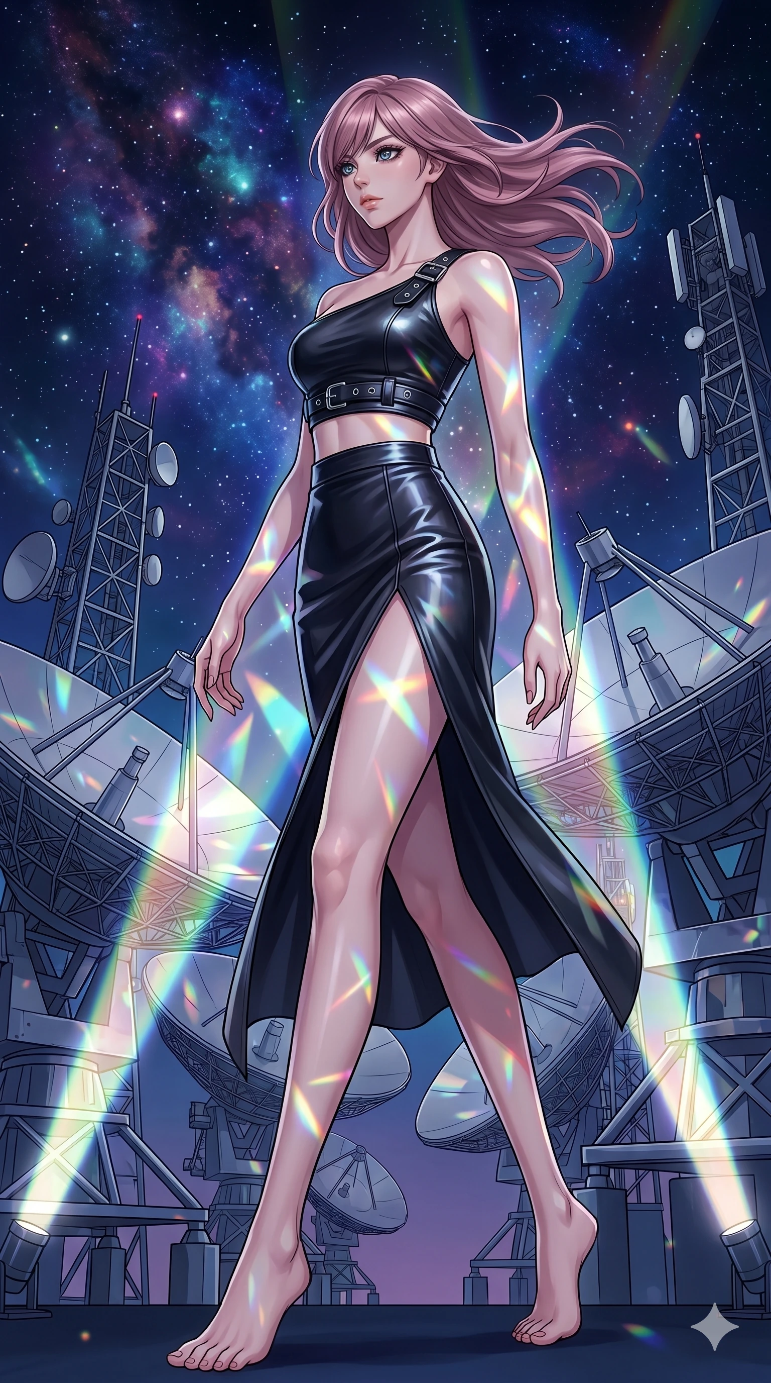 score_9, masterpiece, best quality, ultra-detailed, high-budget anime keyframe, editorial fashion photography, tasteful artistic composition, Japanese woman. low angle full-body shot from head to toe showing her feet, filling the entire 9:16 vertical frame with her statuesque presence, stretching her vertical silhouette. Pivoting sharply mid-step with hair sweeping dramatically behind amidst an array of giant satellite dishes pointing at a sky filled with nebula clouds. She has an absolutely perfect 8-heads proportion, an exceptionally tall and slender female figure with impossibly long slender legs and an ultra-slim waist. V-shaped jawline, high-bridge nose, intricate jewel-like eyes with depth, thick eyelashes, glossy lips with a natural sheen. wearing a one-shoulder black leather crop top with silver hardware, paired with a matching high-waist midi skirt with a high front slit. lit by mirror-reflected prismatic spotlights creating geometric light patterns that play across her body. 2k, ultra detail, master piece, 9:16 ratio