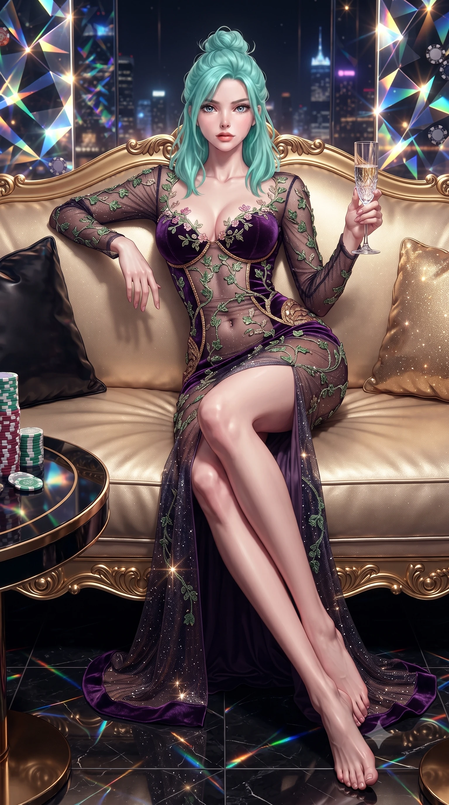 score_9, masterpiece, best quality, ultra-detailed, high-budget anime keyframe, editorial fashion photography, tasteful artistic composition, Japanese woman. low angle full-body shot from head to toe showing her feet, filling the entire 9:16 vertical frame with her statuesque presence, stretching her vertical silhouette. lounging on the lavish daybed with legs crossed and hips angled toward the camera, displaying her toned midriff and long slender limbs with effortless siren poise while lounging in the gold-trimmed VIP banquette propped on one elbow, holding a champagne flute with effortless sovereign gambler cool. The surrounding environment is rendered in vivid detail and crisp panoramic clarity: sharp holographic laser emitter facets, polished black lacquer table trim, and heavyweight ceramic casino chip stacking ridges in deep focus. She has an absolutely perfect, statuesque 8.5-heads proportion, an exceptionally tall and slender model-like female figure with impossibly long slender legs, an ultra-slim waist, a flat toned midriff, narrow delicate ribcage, and beautifully sculpted feminine hips creating a graceful, slim hourglass silhouette without any bulky heaviness. sharp v-shaped jawline, high-bridge nose, sparkling eyes with hypnotic seductive depth, thick curled eyelashes, glossy parted lips with a natural dewy peach sheen, alluring bedroom-eyes with an enchanting coquettish smile, exuding magnetic siren charisma and sophisticated glamour, flawlessly proportioned anatomical accuracy, strict slender model proportions, natural body alignment, perfectly sculpted long slender limbs, ultra-slim waistline, clean dynamic posture without body distortion. wearing a provocative sheer illusion mesh botanical dress with embroidered climbing ivy ribbons contouring her curves in high-roller royal purple velvet and gilded bronze with crystal trims, woven from stretch metallic lurex jersey casting radiant starlight glints across her silhouette, finished with delicate floral vine embroidery tracing along her sweetheart neckline with intimate elegance, the glove-like clinging cut tightly following the natural contour of her hips and long slender legs with youthful 8.5-heads elegance. illuminated by city skyline neon reflections and sharp warm-gold rim lights sculpting her razor-sharp jawline, narrow waist, and curvy hips. ultra-reflective glossy finish, specular highlights, rich textural contrasts, high-contrast stereoscopic depth, volumetric dynamic lighting, 2k, ultra detail, master piece, 9:16 ratio