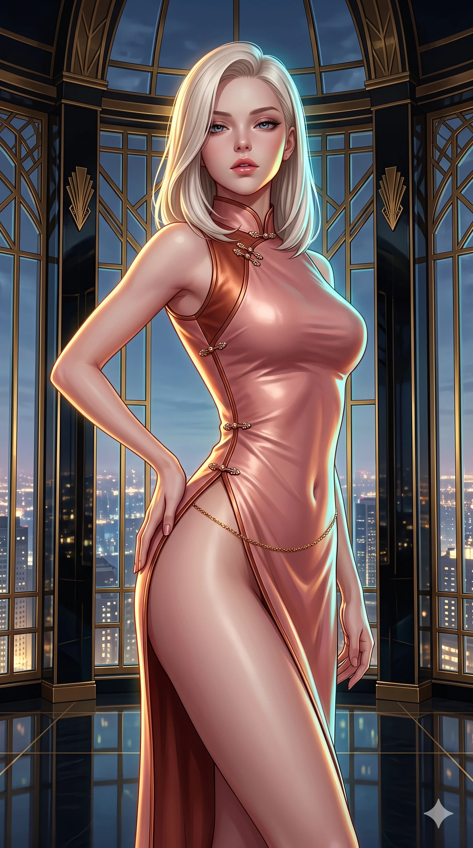 score_9, masterpiece, best quality, ultra-detailed, high-budget anime keyframe, semi-realistic 3D game render, editorial fashion photography, tasteful artistic composition, Caucasian woman. close-up cowboy shot from the waist and thighs up, the character dominates the composition, filling the frame with her large presence. arching her spine backward with effortless dancer poise, one hand sliding along her hip line as directional light carves specular highlights along her silhouette while standing poised within the curved Art Deco solarium, arching her spine with sovereign glamour as geometric brass mullions frame the glittering metropolis below. The surrounding environment is rendered in vivid detail and crisp panoramic clarity: sharp geometric brass window grill bevels, mirror-polished black lacquer pillar reflections, and crisp skyline window grids in deep focus. She has an exceptionally elegant, slender, and willowy female figure with an ultra-slim waist, flat toned midriff, narrow ribcage, and sculpted feminine hips creating an alluring, slim hourglass silhouette without bulk. sharp v-shaped jawline, high-bridge nose, intricate jewel-like sparkling eyes with depth, thick eyelashes, glossy parted lips with a natural sheen, intensely captivating and seductive bedroom-eyes expression, exuding both youthful cute charm and sovereign luxury allure, flawlessly proportioned anatomical accuracy, strict slender model proportions, natural body alignment, perfectly sculpted long slender limbs, ultra-slim waistline, clean dynamic posture without body distortion. wearing an alluring high-slit wrap cheongsam secured by miniature jeweled clasps and revealing the curve of her hip in rose-quartz blush and burnished copper, woven from buttery-soft stretch lambskin leather adhering to her body like a second skin, accented with a dainty gold belly chain resting across her flat midriff and curving hips, the glove-like clinging cut tightly following the natural contour of her hips and long slender legs with youthful 8.5-heads elegance. illuminated by floor reflections and sharp gold-cyan rim lights defining her razor-sharp jawline, narrow waist, and curvy hips. highly saturated vibrant anime colors, detailed shading with soft gradients, rich glossy textures, high-contrast stereoscopic depth, volumetric dynamic lighting, master piece, 9:16 ratio