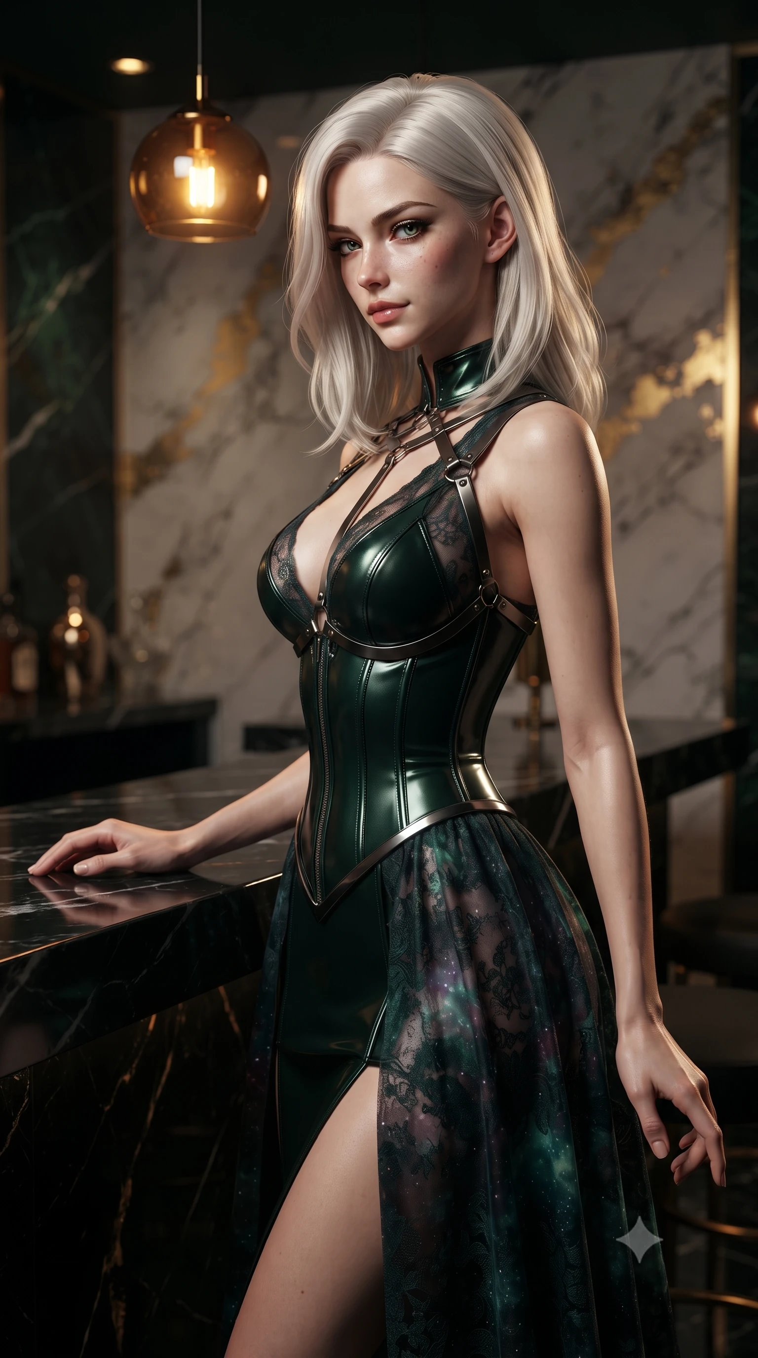 score_9, masterpiece, best quality, ultra-detailed, high-budget anime keyframe, editorial fashion photography, tasteful artistic composition, Caucasian woman. close-up cowboy shot from the waist and thighs up, the character dominates the composition, filling the frame with her large presence, background elements kept in soft focus. Glancing sidelong over her shoulder with a smoldering, enigmatic half-smile, standing beside a polished black marble bar counter under a low amber pendant light, gold leaf accents on marble walls glinting under specular highlights. She has an exceptionally elegant, slender, and willowy female figure with an ultra-slim waist, a gracefully sculpted slender torso, and a refined silhouette. sharp v-shaped jawline, high-bridge nose, intricate jewel-like eyes with depth, thick eyelashes, glossy lips with a natural sheen. wearing gothic nebula sheer dark lace gown with plunging neckline in deep emerald green, made of polished black leather, highlighted by a gunmetal metallic harness structure, the fitted fabric emphasizing her ultra-slim waist. bathed in rich dark emerald and gold tones with high-contrast shadows. ultra-reflective glossy finish, specular highlights, metallic sheen, high-contrast stereoscopic depth, volumetric dynamic lighting, 2k, ultra detail, master piece, 9:16 ratio