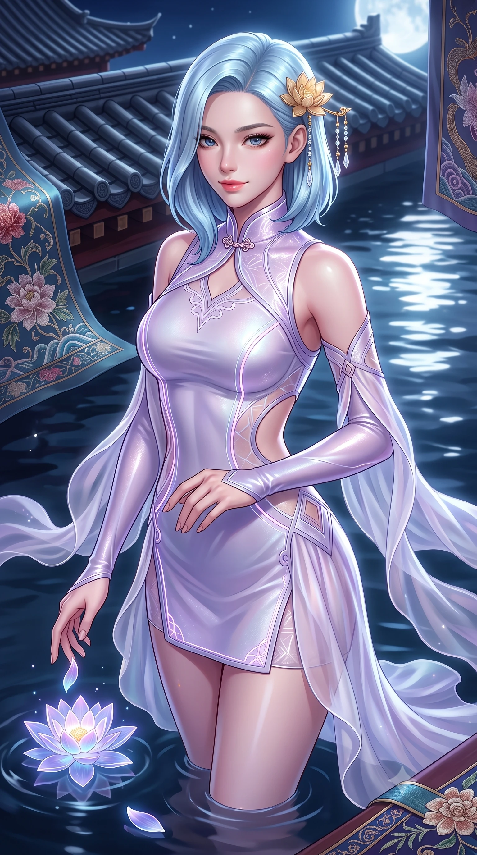 score_9, masterpiece, best quality, ultra-detailed, high-budget anime keyframe, semi-realistic 3D game render, editorial fashion photography, tasteful artistic composition, Korean woman. close-up cowboy shot from the waist and thighs up, the character dominates the composition, filling the frame with her large presence. holding her hands loosely in front with regal, aristocratic poise, radiating an overwhelming high-society aura while pivoting gracefully as floating holographic lotus blossoms drift across the water, touching one petal with a gentle smile. The surrounding environment is rendered in vivid detail and crisp panoramic clarity. detailed pagoda tile ridges, moonlight reflection paths on water, and silk fabric embroidery in high resolution. She has an exceptionally elegant, slender, and willowy female figure with an ultra-slim waist, a gracefully sculpted slender torso, toned flat midriff, and a refined slim silhouette. sharp v-shaped jawline, high-bridge nose, intricate jewel-like eyes with depth, thick eyelashes, glossy lips with a natural sheen, captivating and magnetic expression, flawlessly proportioned anatomical accuracy, strict slender model proportions, natural body alignment, perfectly sculpted long slender limbs, ultra-slim waistline, clean dynamic posture without body distortion. wearing a futuristic embroidered qipao mini dress with glowing fiber-optic seams and side cutouts in ethereal lilac mist and pearlescent white, crafted from sheer cascading chiffon that ripples like water, finished with delicate golden lotus hairpins and dangling crystal beads, the glove-like aerodynamic second-skin fit tightly clinging to her ultra-slender waist and athletic curves without adding bulk, accentuating her razor-sharp statuesque lines and slim hourglass silhouette. surrounded by an otherworldly, sacred, and breathtakingly pure moon goddess aura. highly saturated vibrant anime colors, detailed shading with soft gradients, rich glossy textures, high-contrast stereoscopic depth, volumetric dynamic lighting, master piece, 9:16 ratio