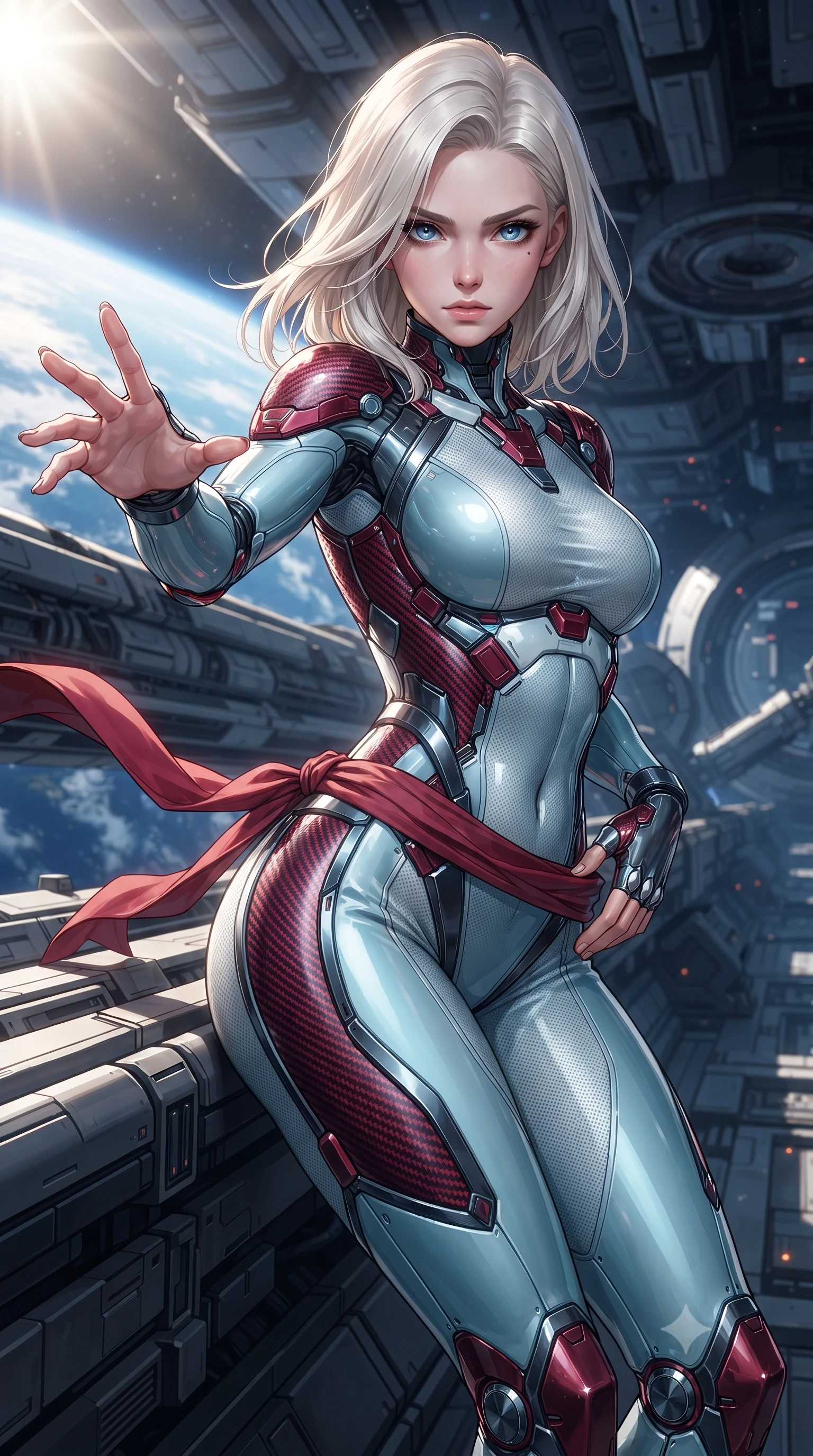score_9, masterpiece, best quality, ultra-detailed, high-budget anime keyframe, editorial fashion photography, tasteful artistic composition, Caucasian woman. close-up cowboy shot from the waist and thighs up, the character dominates the composition, filling the frame with her large presence. in a razor-sharp Panzer Kunst fighting guard, one hand extended with palm open in fluid kinetic tension, captivating jewel-like eyes locked onto the viewer with dangerous focus while leaning against a magnetic elevator rail with sovereign composure as cosmic winds flutter her lightweight tactical sash. The surrounding environment is rendered in vivid detail and crisp panoramic clarity. high-contrast orbital chiaroscuro and monumental space-age engineering captured with environmental precision. She has an exceptionally elegant, slender, and willowy female figure with an ultra-slim waist, a gracefully sculpted slender torso, toned flat midriff, and a refined slim silhouette. sharp v-shaped jawline, high-bridge nose, intricate jewel-like eyes with depth, thick eyelashes, glossy lips with a natural sheen, flawlessly proportioned anatomical accuracy, strict slender model proportions, natural body alignment, perfectly sculpted long slender limbs, ultra-slim waistline, clean dynamic posture without body distortion. wearing an ultra-sleek glacial-cyan and white carbon-mesh combat bodysuit with frost-resistant kinetic shock-absorber plating in deep crimson carbon weave with specular dark chrome accents, tailored from flexible second-skin carbon-mesh that clings flawlessly to her athletic curves, detailed with magnetic knuckle shock-absorbers and polished chrome articulation joints, the form-contouring material adhering flawlessly to her sculpted flat midriff and slender torso, emphasizing her long leg lines and perfectly proportioned willowy build. bathed in dazzling high-noon orbital sunlight and rich blue Earth ambient bounce light. ultra-reflective glossy finish, specular highlights, dark metallic sheen, high-contrast stereoscopic depth, volumetric dynamic lighting, 2k, ultra detail, master piece, 9:16 ratio