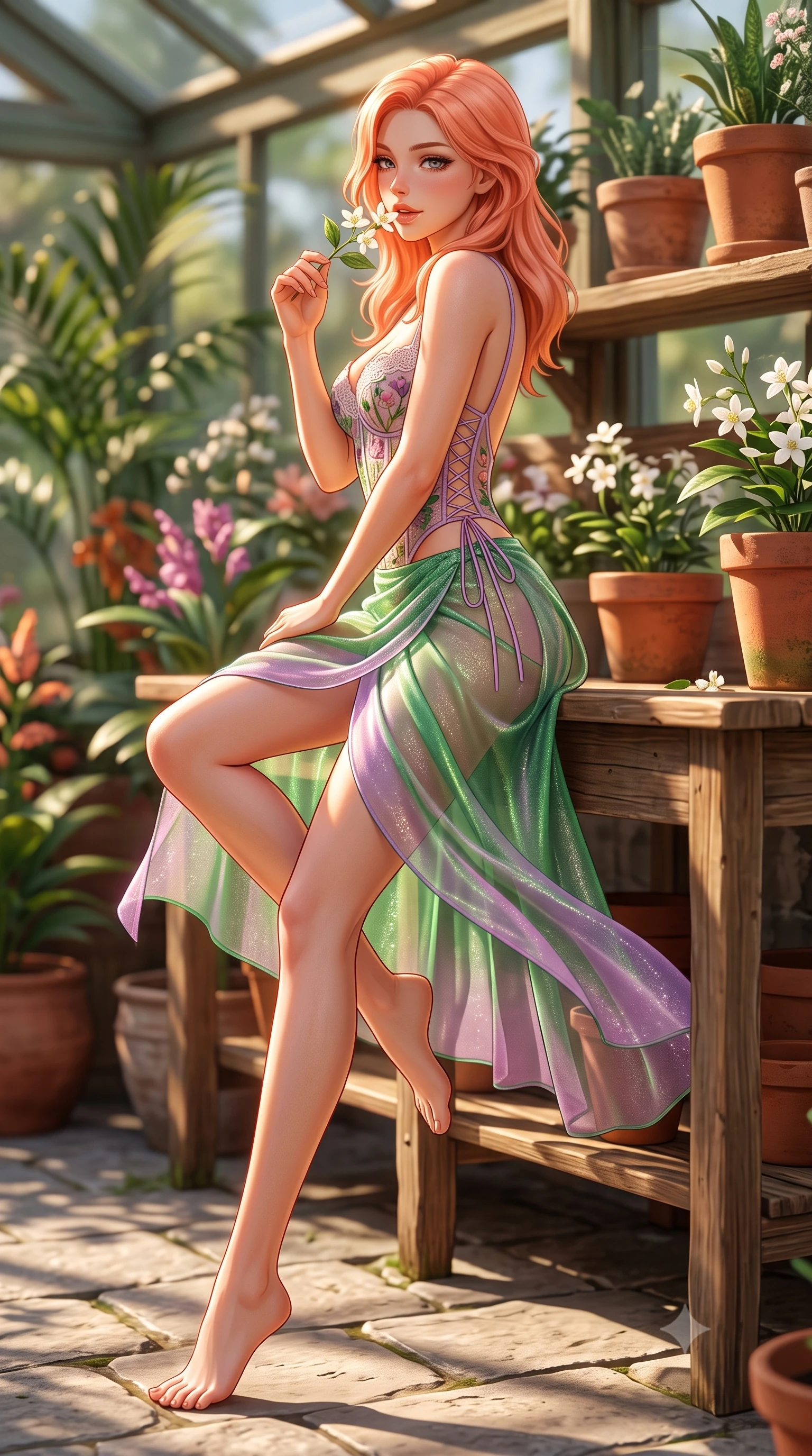 score_9, masterpiece, best quality, ultra-detailed, high-budget anime keyframe, semi-realistic 3D game render, editorial fashion photography, tasteful artistic composition, Japanese woman. low angle full-body shot from head to toe showing her feet, filling the entire 9:16 vertical frame with her statuesque presence, stretching her vertical silhouette. executing a slow, graceful pivot turn as her skirt sways around her slender legs, glancing back with an enchanting, teasing sensual expression while sitting perched on the rustic wooden potting bench with legs extended, holding a blooming jasmine sprig near her glossy parted lips. The surrounding environment is rendered in vivid detail and crisp panoramic clarity: detailed crochet lace bustier weave, sun-warmed skin sheen, and European orangery craftsmanship in razor-sharp precision. She has an absolutely perfect, statuesque 8.5-heads proportion, an exceptionally tall and slender model-like female figure with impossibly long slender legs, an ultra-slim waist, a flat toned midriff, narrow delicate ribcage, and beautifully sculpted feminine hips creating a graceful, slim hourglass silhouette without any bulky heaviness. sharp v-shaped jawline, high-bridge nose, sparkling eyes with hypnotic seductive depth, thick curled eyelashes, glossy parted lips with a natural dewy peach sheen, alluring bedroom-eyes with an enchanting coquettish smile, exuding magnetic siren charisma and sophisticated glamour, flawlessly proportioned anatomical accuracy, strict slender model proportions, natural body alignment, perfectly sculpted long slender limbs, ultra-slim waistline, clean dynamic posture without body distortion. wearing a plunging sweetheart-neckline boned corset top with pressed flower embroidery paired with a sheer organza wrap skirt in vibrant jungle monstera green and dewy orchid lavender, woven from stretch metallic lurex jersey casting radiant starlight glints across her silhouette, featuring fine criss-cross lace-up side ties revealing tantalizing glimpses of her hip curve, the precision-cut side openings and low-back scoop framing her graceful spine and the sensual sweep of her slim, toned hips. illuminated by stone floor bounce and sharp warm-gold rim lights sculpting her jawline, ultra-slim waist, and curvy hips. highly saturated vibrant anime colors, detailed shading with soft gradients, rich glossy textures, high-contrast stereoscopic depth, volumetric dynamic lighting, master piece, 9:16 ratio