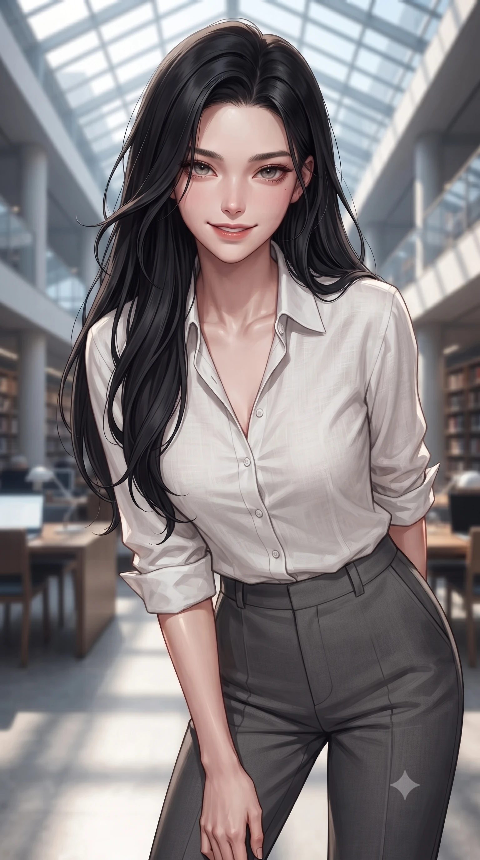 score_9, masterpiece, best quality, ultra-detailed, high-budget anime keyframe, editorial fashion photography, tasteful artistic composition, Korean woman woman. close-up cowboy shot from the waist and thighs up, the character dominates the composition, filling the frame with her large presence, background elements kept in soft focus. leaning slightly forward with a playful, teasing smile, her gaze locked onto the viewer the background shows a soft-focus a grand modern library with high ceilings, glass roofs, and study areas in soft focus. She has an exceptionally elegant, slender, and willowy female figure with an ultra-slim waist, a gracefully sculpted slender torso, and a refined silhouette. sharp v-shaped jawline, high-bridge nose, intricate jewel-like eyes with depth, thick eyelashes, glossy lips with a natural sheen. wearing a slim-fit classic white linen button-down shirt over charcoal grey trousers. soft diffused daylight filling the large, peaceful interior space. ultra-reflective glossy finish, specular highlights, metallic sheen, high-contrast stereoscopic depth, volumetric dynamic lighting, 2k, ultra detail, master piece, 9:16 ratio