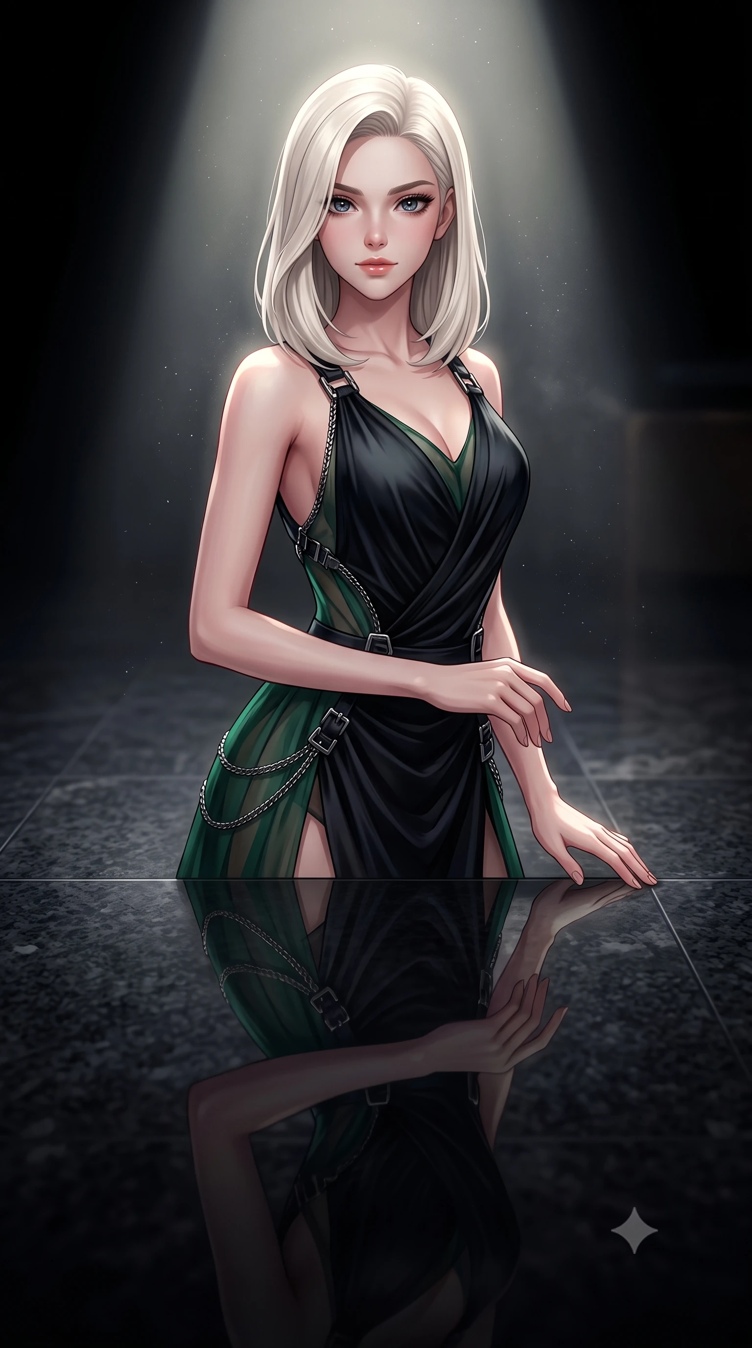 score_9, masterpiece, best quality, ultra-detailed, high-budget anime keyframe, editorial fashion photography, tasteful artistic composition, Caucasian woman. close-up cowboy shot from the waist and thighs up, the character dominates the composition, filling the frame with her large presence, background elements kept in soft focus. Smiling with quiet, magnetic self-assurance directly into the camera, looking composedly past the camera with quiet, sharp artistic focus, polished granite floor creating a dark mirror reflection of her posture. She has an exceptionally elegant, slender, and willowy female figure with an ultra-slim waist, a gracefully sculpted slender torso, and a refined silhouette. sharp v-shaped jawline, high-bridge nose, intricate jewel-like eyes with depth, thick eyelashes, glossy lips with a natural sheen. wearing draped obsidian silk gown featuring tasteful waist slit cutouts in deep emerald green, made of sheer dark organza overlay, framed by dark titanium buckles and silver chain details, contouring every curve with an exceptionally elegant silhouette. illuminated by a single dramatic theatrical spotlight from directly overhead. highly saturated vibrant anime colors, detailed shading with soft gradients, rich glossy textures, high-contrast stereoscopic depth, volumetric dynamic lighting, master piece, 9:16 ratio