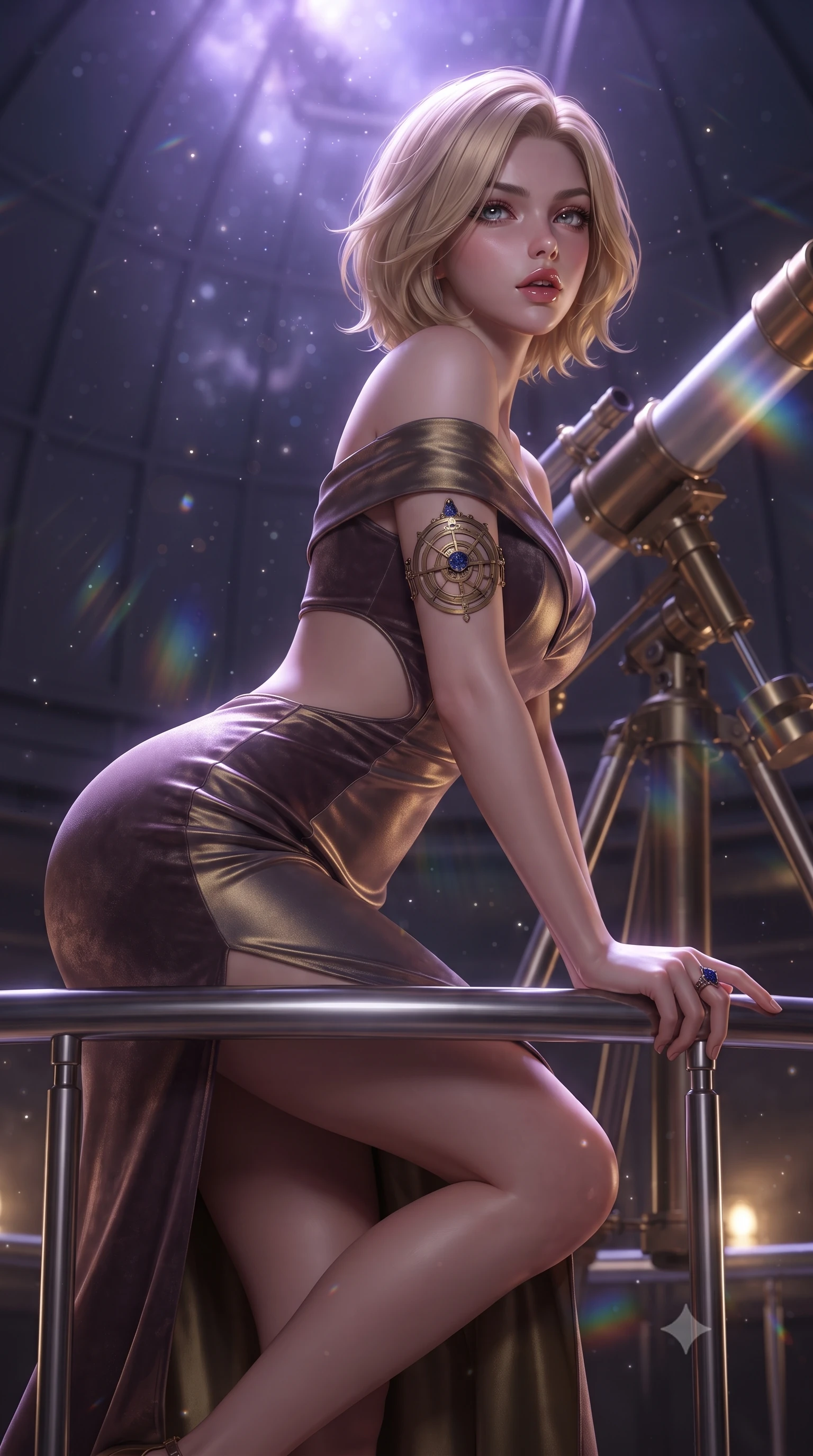 score_9, masterpiece, best quality, ultra-detailed, high-budget anime keyframe, editorial fashion photography, tasteful artistic composition, Caucasian woman. close-up cowboy shot from the waist and thighs up, the character dominates the composition, filling the frame with her large presence. leaning forward against the polished railing with her hips cocked back, creating an intoxicating curve from her narrow waist to sculpted hips as she gazes back into the lens while crouching gracefully beside the brass telescope mount, looking back with parted glossy lips as galactic starlight washes over her curves. The composition keeps background elements in soft focus with creamy bokeh. floating stardust flecks and prismatic telescope lens refractions scattering ethereal light motes. She has an exceptionally elegant, slender, and willowy female figure with an ultra-slim waist, a gracefully sculpted slender torso, toned flat midriff, and rounded feminine hips creating an alluring hourglass silhouette. sharp v-shaped jawline, high-bridge nose, intricate jewel-like eyes with depth, thick eyelashes, glossy parted lips with a natural sheen, intensely captivating and seductive bedroom-eyes expression, flawlessly proportioned anatomical accuracy, strict slender model proportions, natural body alignment, perfectly sculpted long slender limbs, ultra-slim waistline, clean dynamic posture without body distortion. wearing an off-shoulder celestial velvet gown with an architectural open-waist cutout and high side slit in dusky celestial plum and antique brass gold, tailored from ultra-smooth duchess satin with a pearlescent celestial sheen, accessorized with an intricate brass astrolabe armlet and sapphire ring, the form-contouring material adhering flawlessly to her sculpted flat midriff and slender torso, emphasizing her long leg lines and perfectly proportioned willowy build. bathed in cool violet nebula glow from above and warm golden brass indicator uplights. ultra-reflective glossy finish, specular highlights, rich textural contrasts, high-contrast stereoscopic depth, volumetric dynamic lighting, 2k, ultra detail, master piece, 9:16 ratio