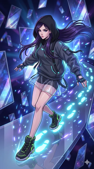 score_9, masterpiece, best quality, ultra-detailed, Set A: High-budget Anime Keyframe, Caucasian (strictly human ears) woman. Upper body close-up from the thighs up, character filling the screen for maximum presence. Sliding through a dimension of fl