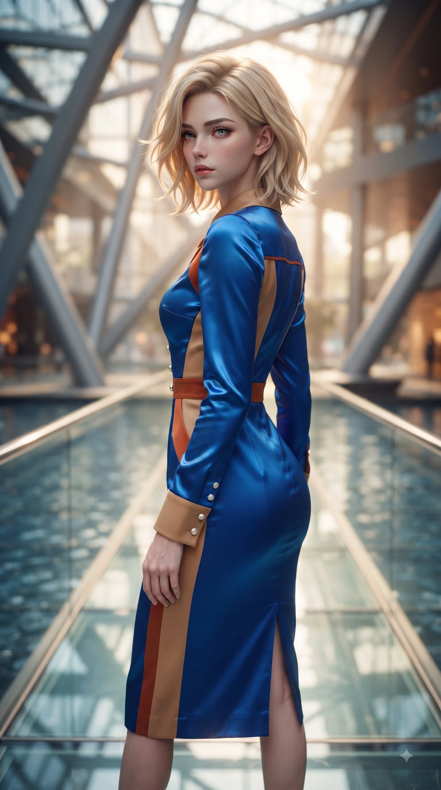 score_9, masterpiece, best quality, ultra-detailed, high-budget anime keyframe, editorial fashion photography, tasteful artistic composition, Caucasian woman. close-up cowboy shot from the waist and thighs up, the character dominates the composition, filling the frame with her large presence. Subtle lingering regret in her eyes, looking back over her shoulder with an emotional, reluctant glance while stepping gracefully along a glass bridge overlooking a sunlit indoor reflecting pool. The composition keeps background elements in soft focus with dreamy bokeh. geometric steel beams and glass panel reflections blurred into futuristic, ambient bokeh. She has an exceptionally elegant, slender, and willowy female figure with an ultra-slim waist, a gracefully sculpted slender torso, and a refined silhouette. sharp v-shaped jawline, high-bridge nose, intricate jewel-like eyes with depth, thick eyelashes, glossy lips with a natural sheen, flawlessly proportioned anatomical accuracy, natural body alignment, perfectly sculpted elegant limbs, clean dynamic posture without body distortion. wearing a vivid sapphire blue satin midi dress following her statuesque figure in burnt orange and warm camel beige, tailored from structured wool crepe with clean lines, accented with delicate pearl buttons and refined ruffle trims, the sleek second-skin fit accentuating her magnetic presence. surrounded by a high-end, luxury architectural fashion aesthetic. ultra-reflective glossy finish, specular highlights, metallic sheen, high-contrast stereoscopic depth, volumetric dynamic lighting, 2k, ultra detail, master piece, 9:16 ratio